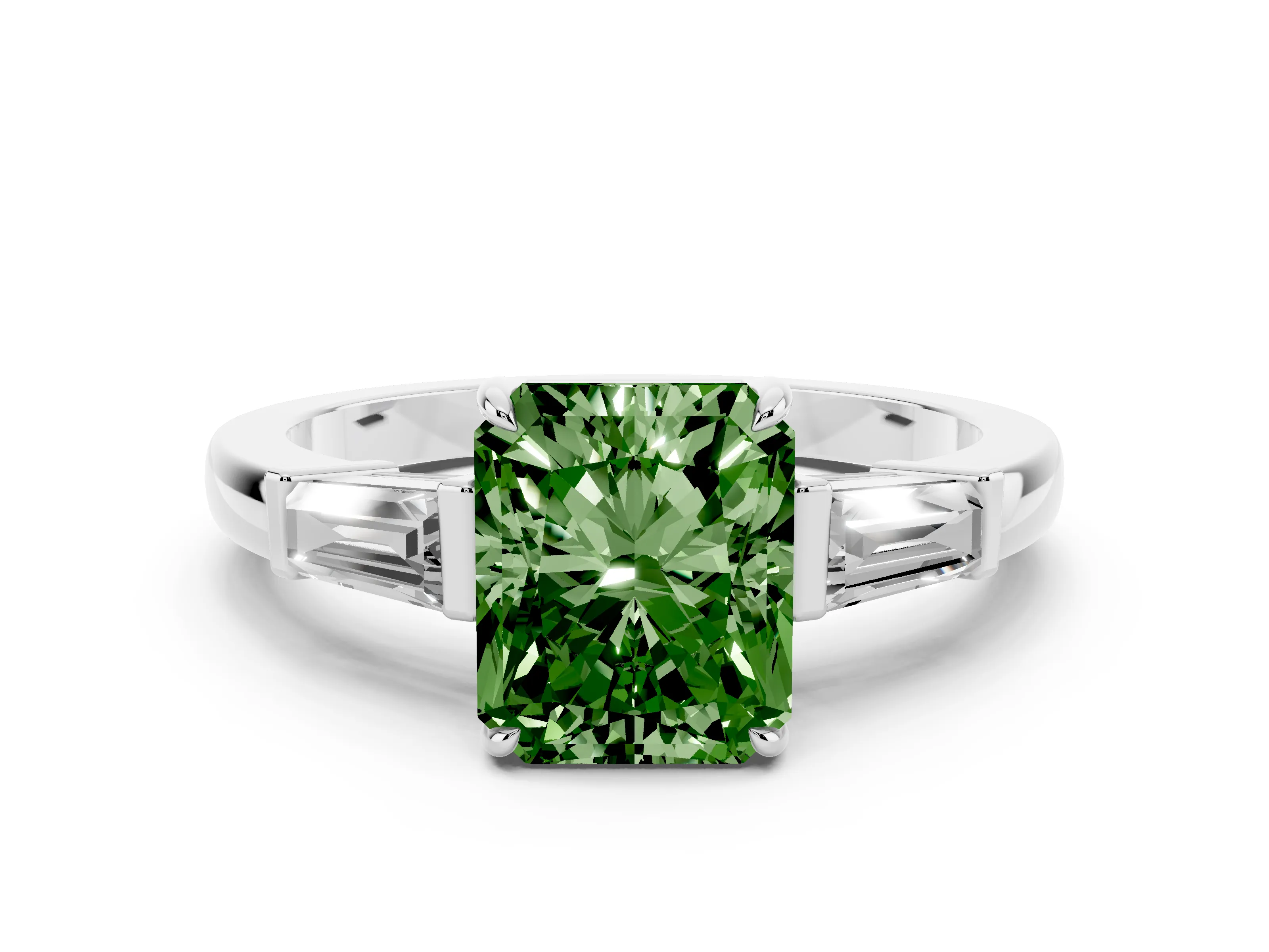Fancy Green Radiant Cut Diamond Three-Stone Ring Set in Platinum with Tapered Baguette Side Stones and Prong Setting