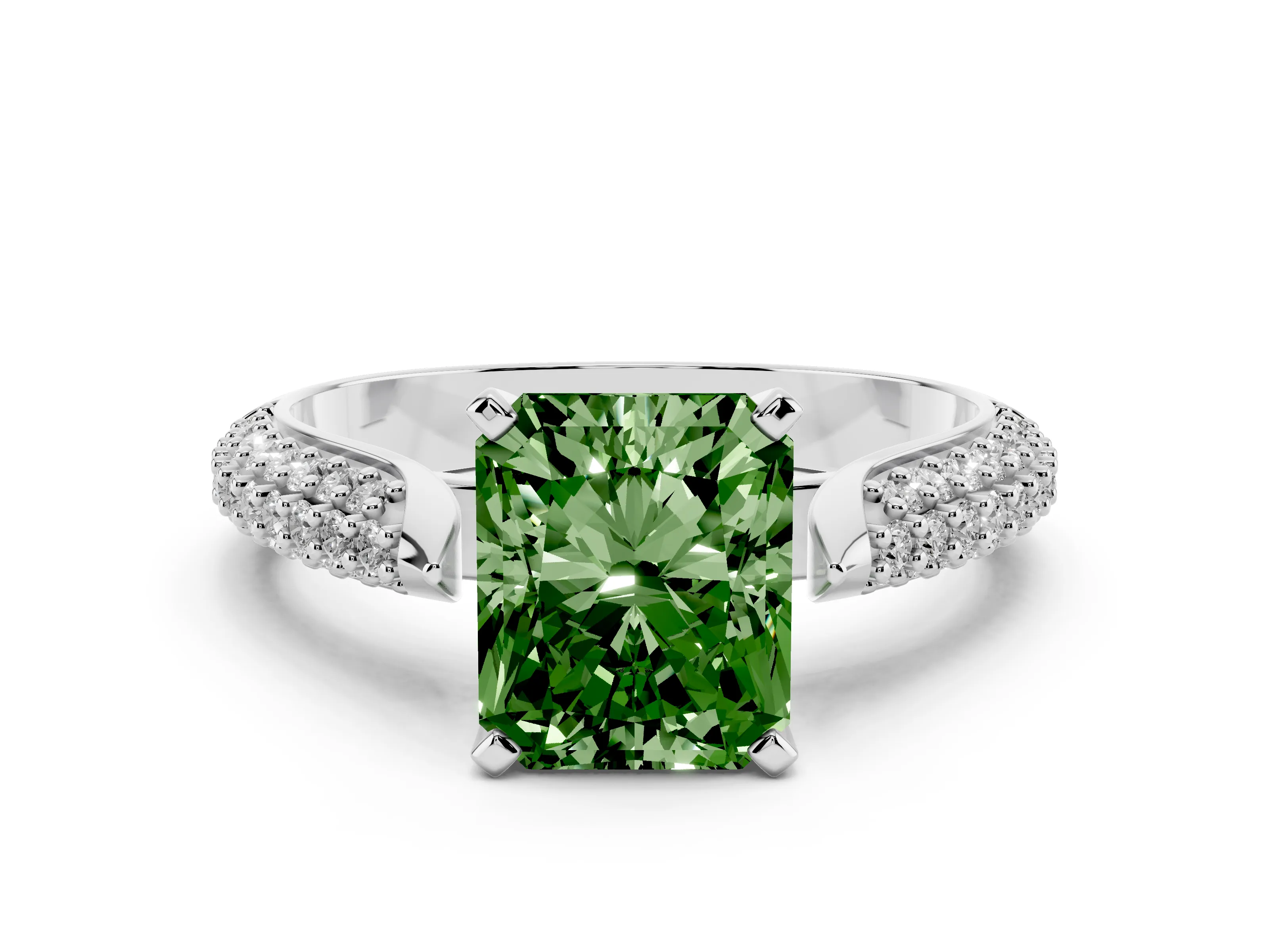 Fancy Green Radiant Cut Diamond Solitaire Engagement Ring Set in Platinum with Multi-Row Round Pavé Band and Prong Setting