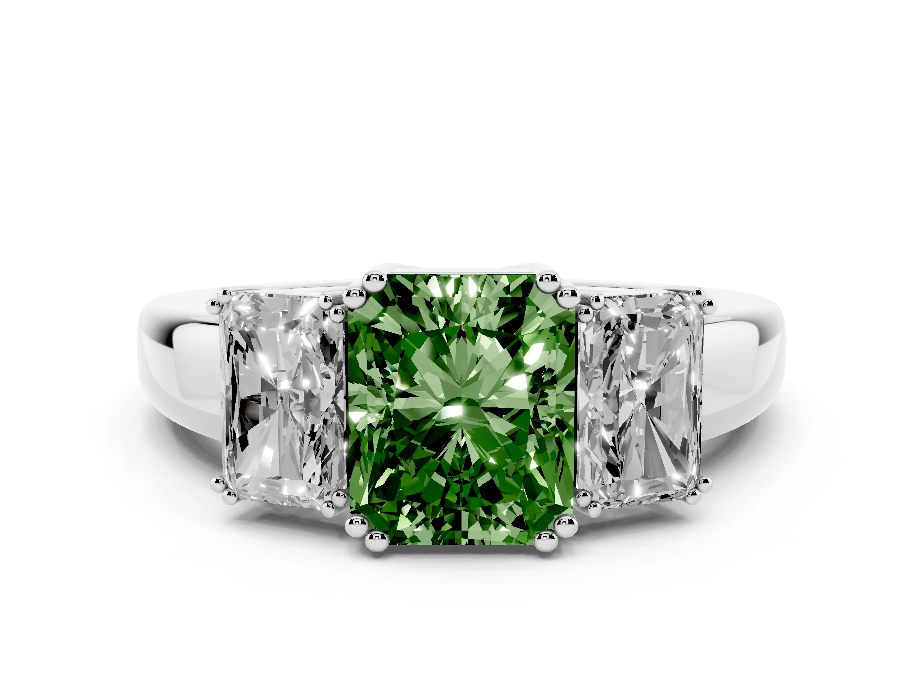Fancy Green Radiant Cut Diamond Three-Stone Ring Set in White gold with Polished Channel-Set Band
