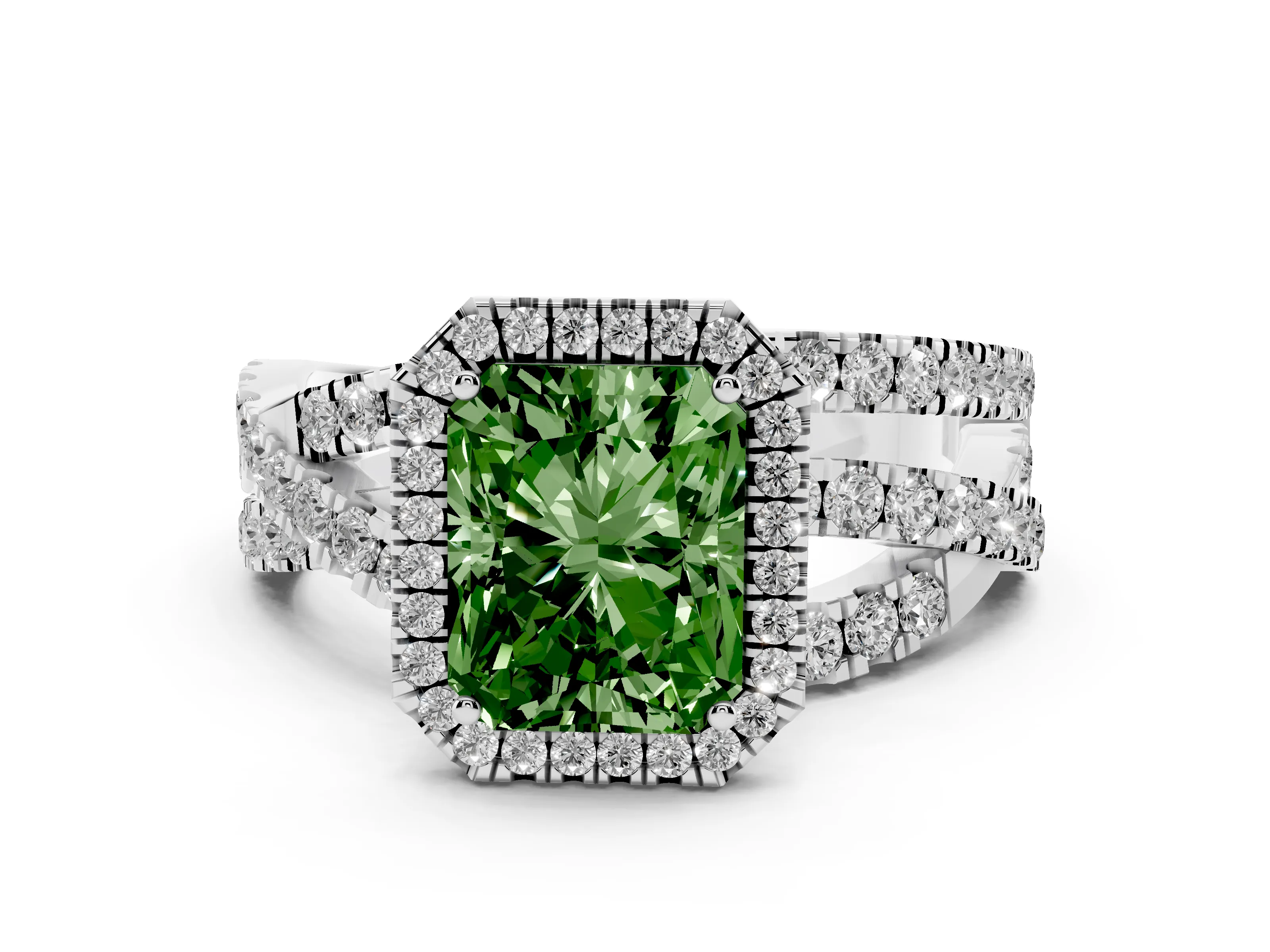 Fancy Green Radiant Cut Diamond Halo Ring Set in Platinum with Round Crossover Split Shank and Prong Setting