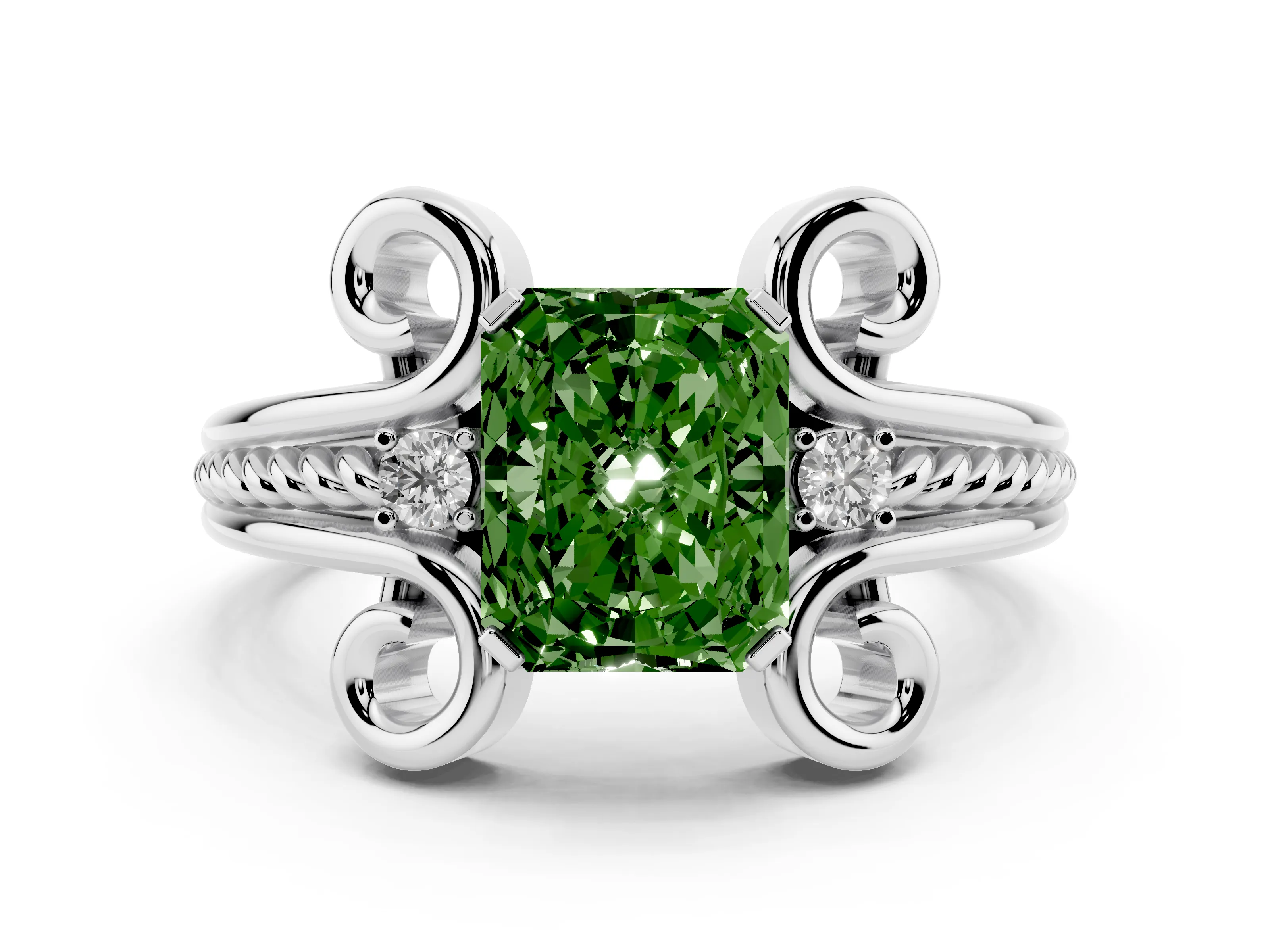 Fancy Green Radiant Cut Diamond Twisted Band Solitaire Ring Set in Platinum with Scroll Prongs