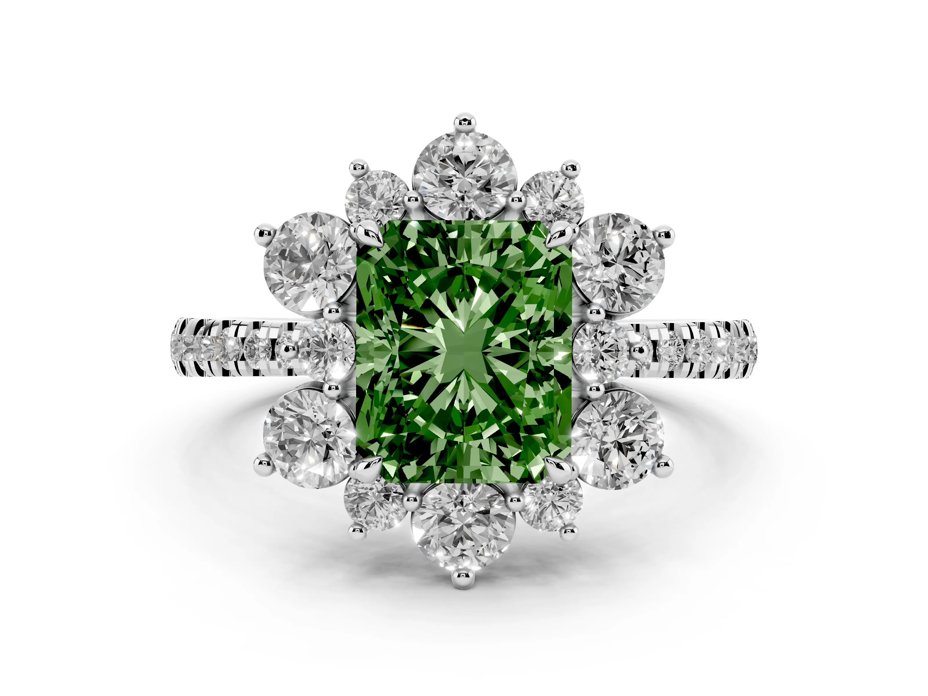 Fancy Green Radiant Cut Diamond Floral Halo Ring Set in White gold with Round Pavé Band and Prong Setting