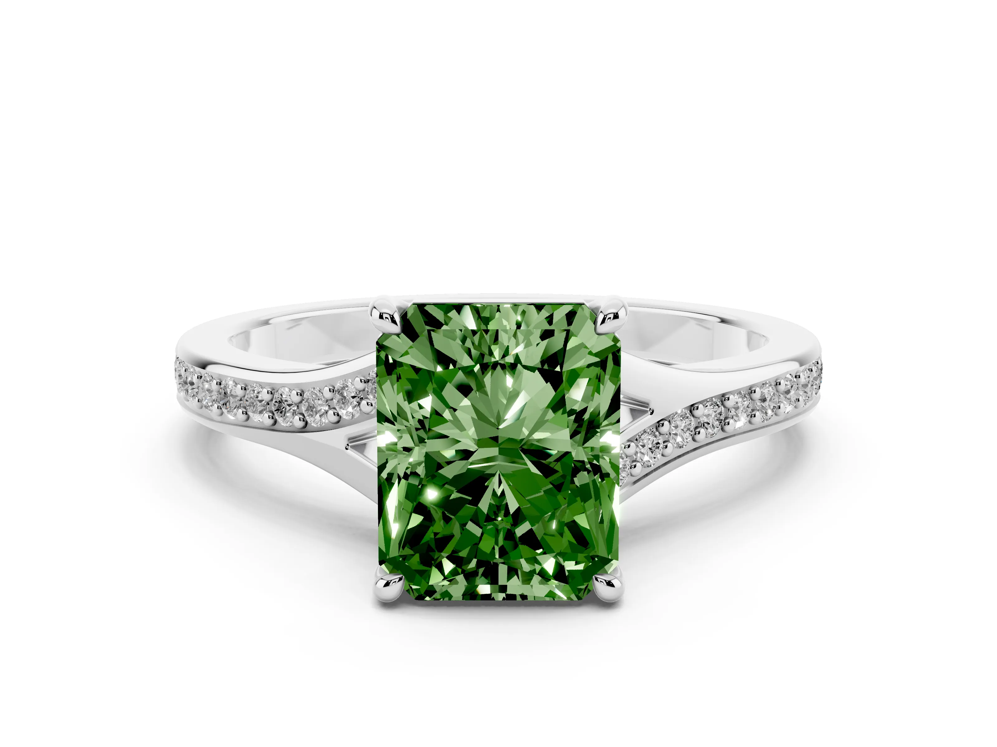 Fancy Green Radiant Cut Diamond Solitaire Ring Set in Platinum with Pavé Accent Band and Classic Prong Setting