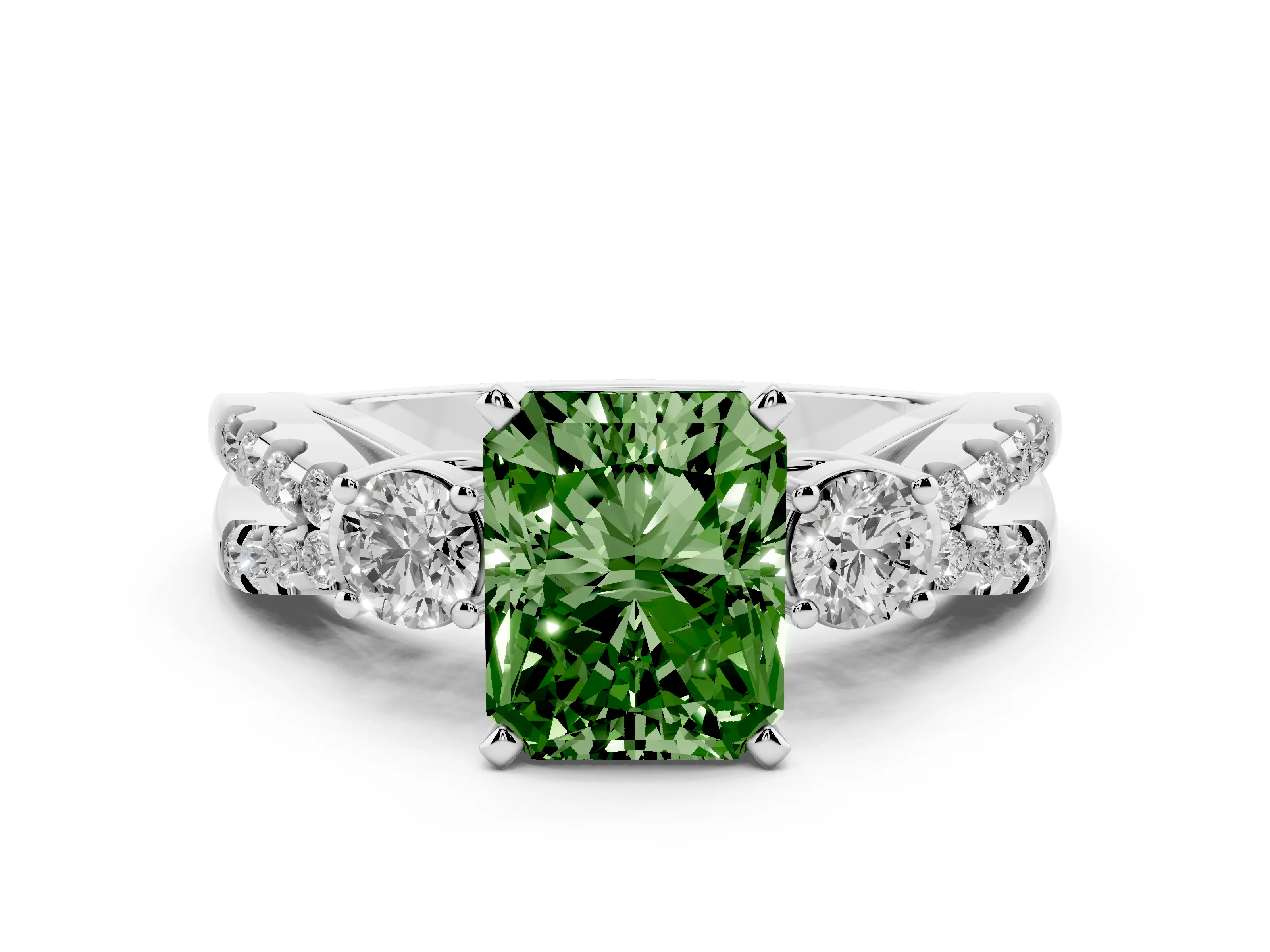 Fancy Green Radiant Cut Diamond Three-Stone Ring Set in Silver with Pavé Split Shank and Prong Setting