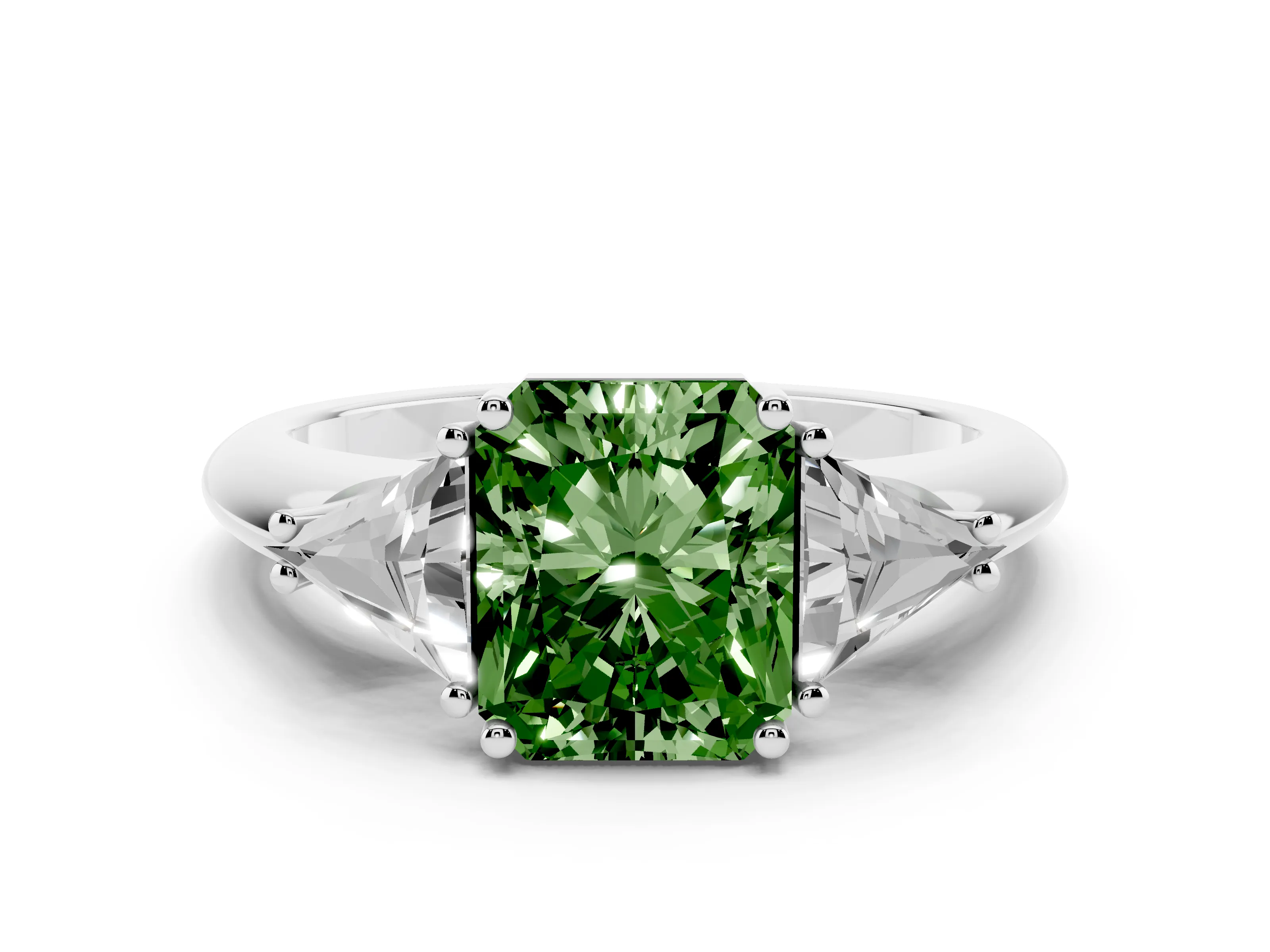 Fancy Green Radiant Cut Diamond Three-Stone Engagement Ring Set in Silver with Trillion Side Stones