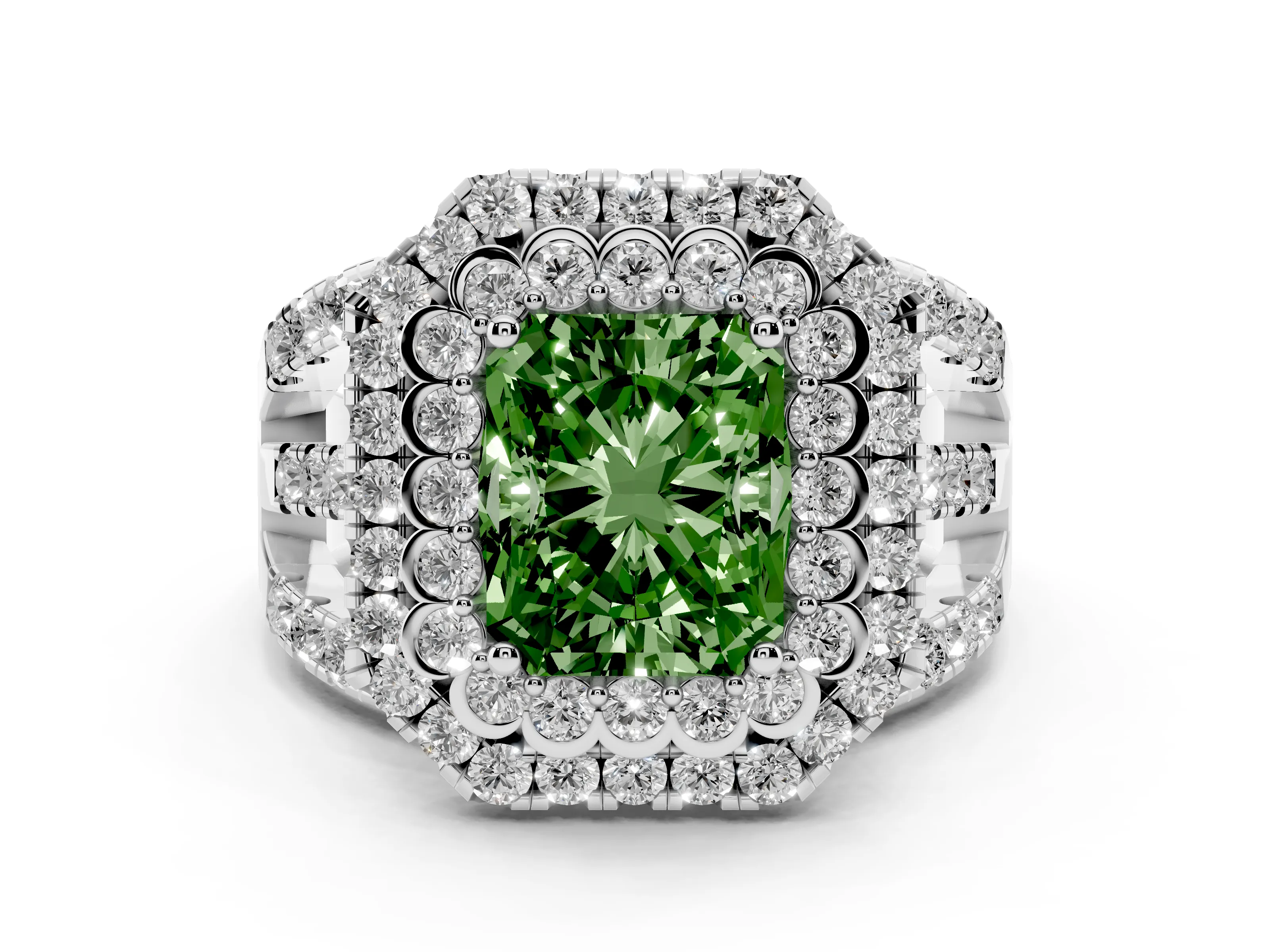 Fancy Green Radiant Cut Diamond Double Halo Ring Set in White gold with Round Pavé Split Shank