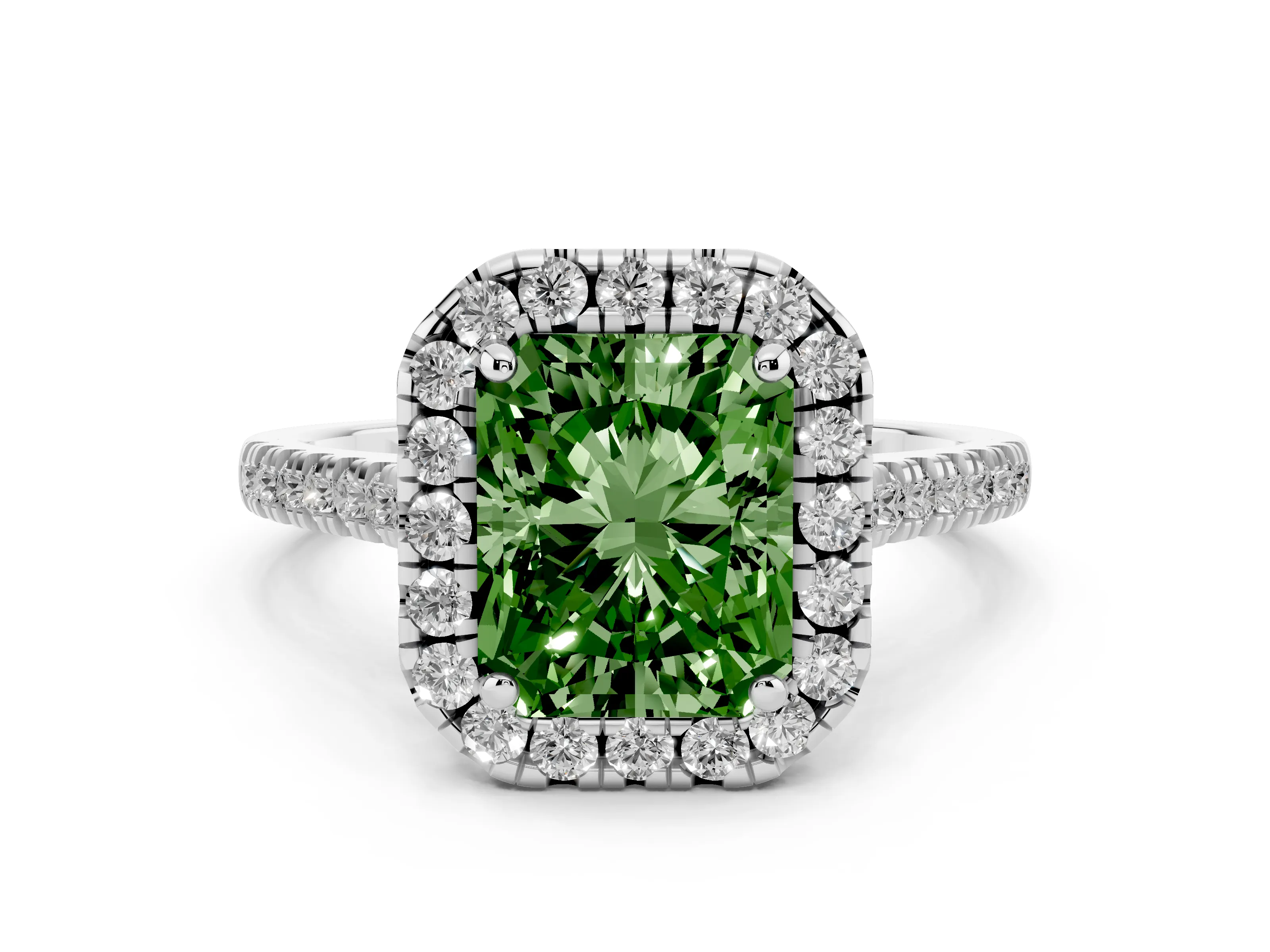 Fancy Green Radiant Cut Diamond Cushion Halo Ring Set in White gold with Pavé Band