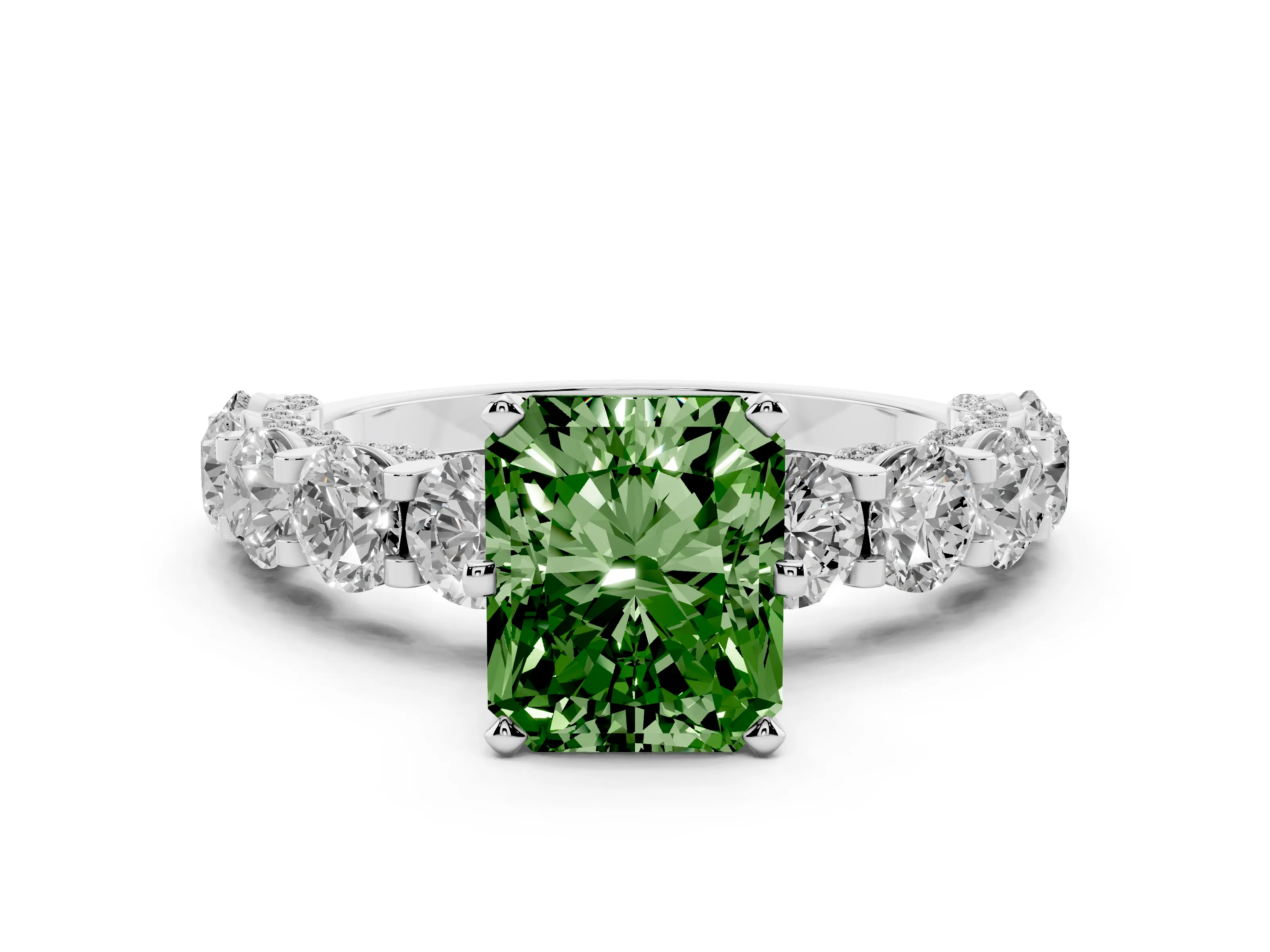 Fancy Green Radiant Cut Diamond Side Stone Ring Set in White gold with Alternating Round and Oval Side Stones