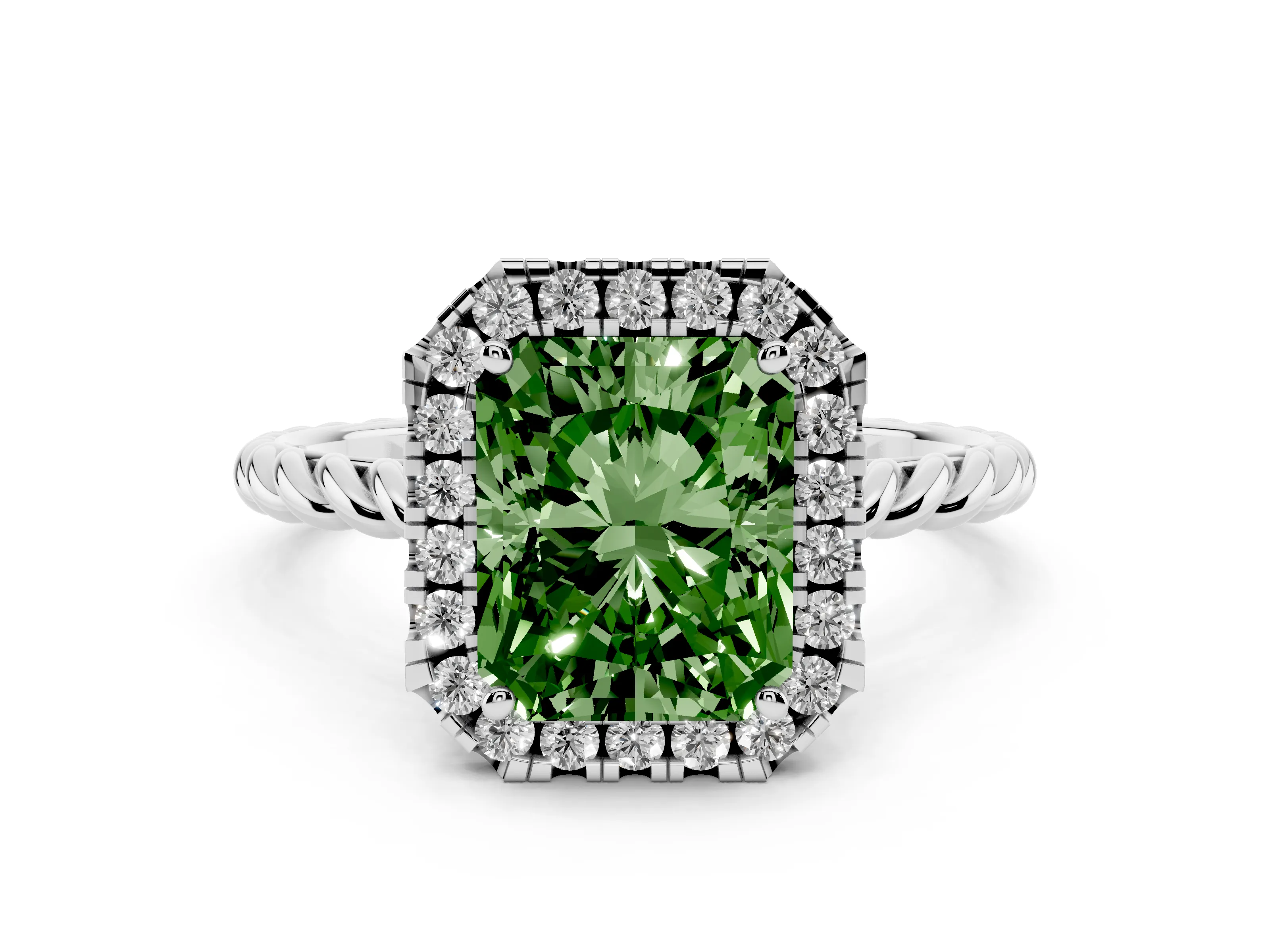 Fancy Green Radiant Cut Diamond Halo Ring Set in Platinum with Plain Twisted Band