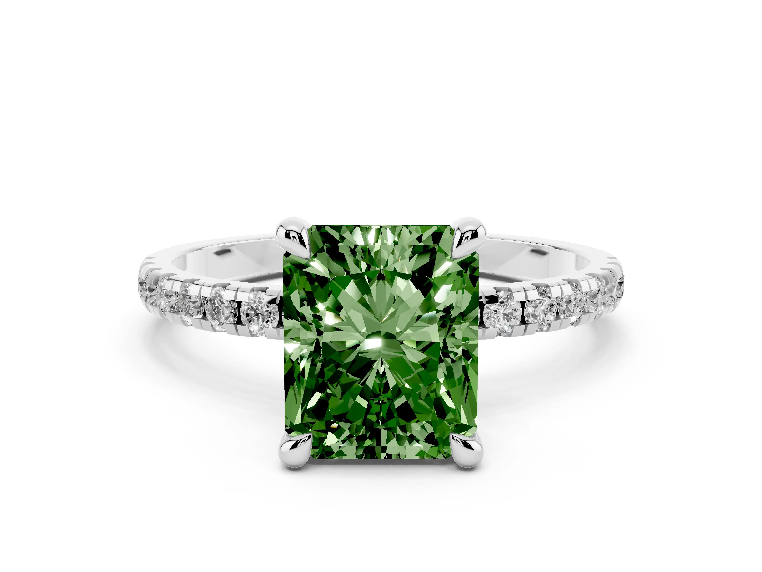 Fancy Green Radiant Cut Diamond Brilliant Solitaire Ring Set in Platinum with Pavé Band and Prong Setting