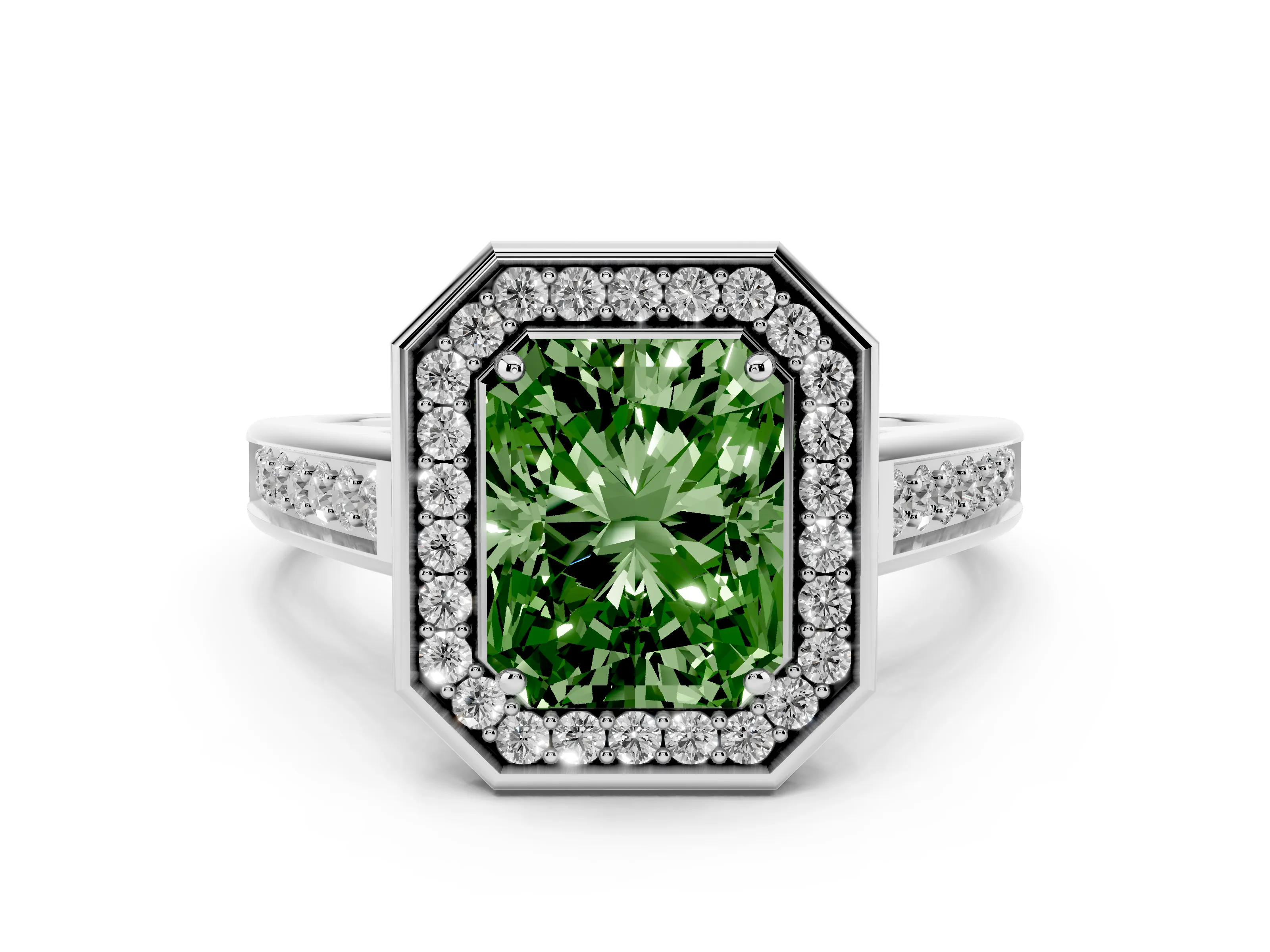 Fancy Green Radiant Cut Diamond Halo Solitaire Ring Set in Platinum with Pavé Band and Bezel Setting