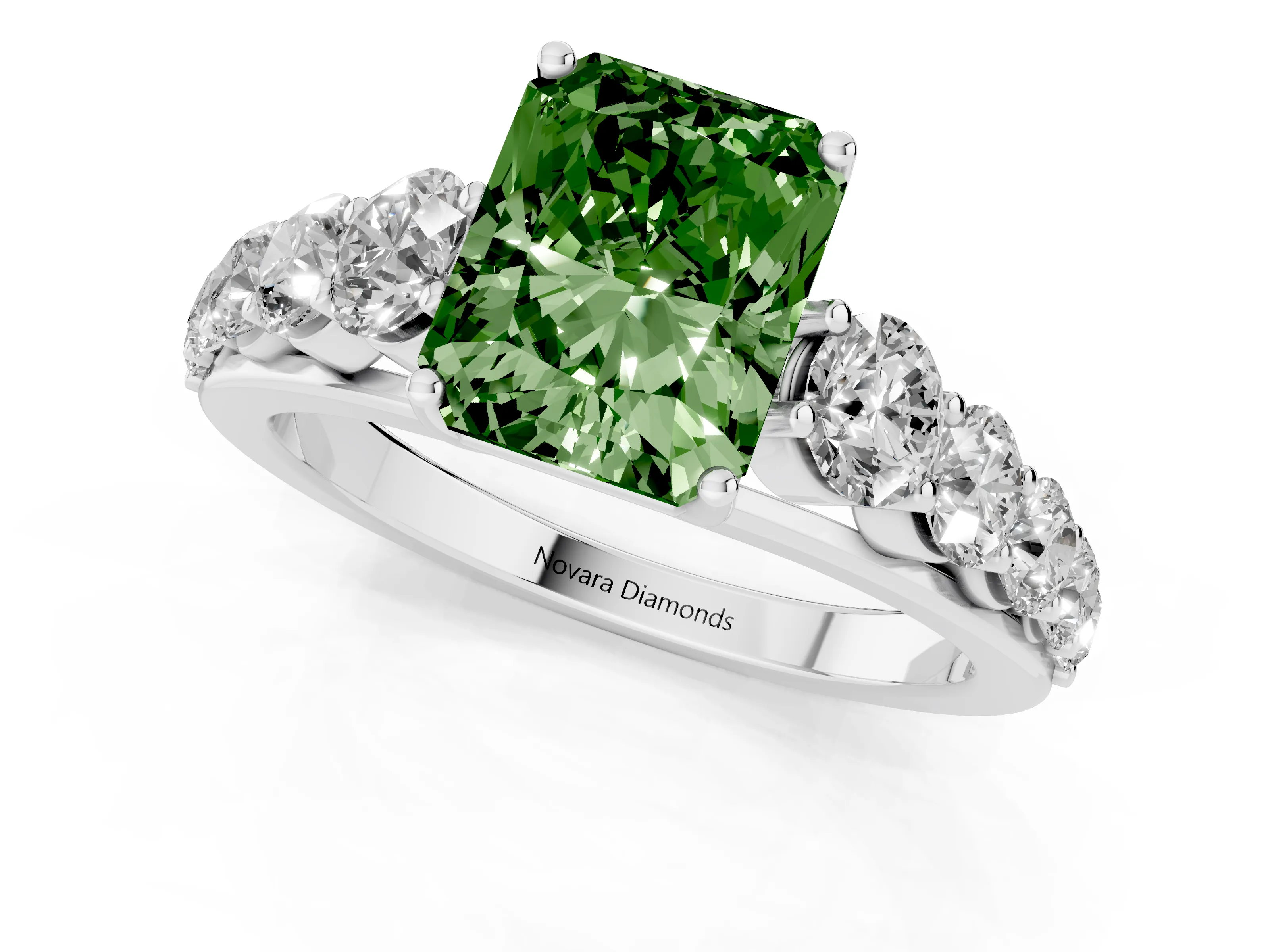 Fancy Green Radiant Cut Diamond Solitaire Ring Set in Platinum with Pavé-Set Band and Prong Setting