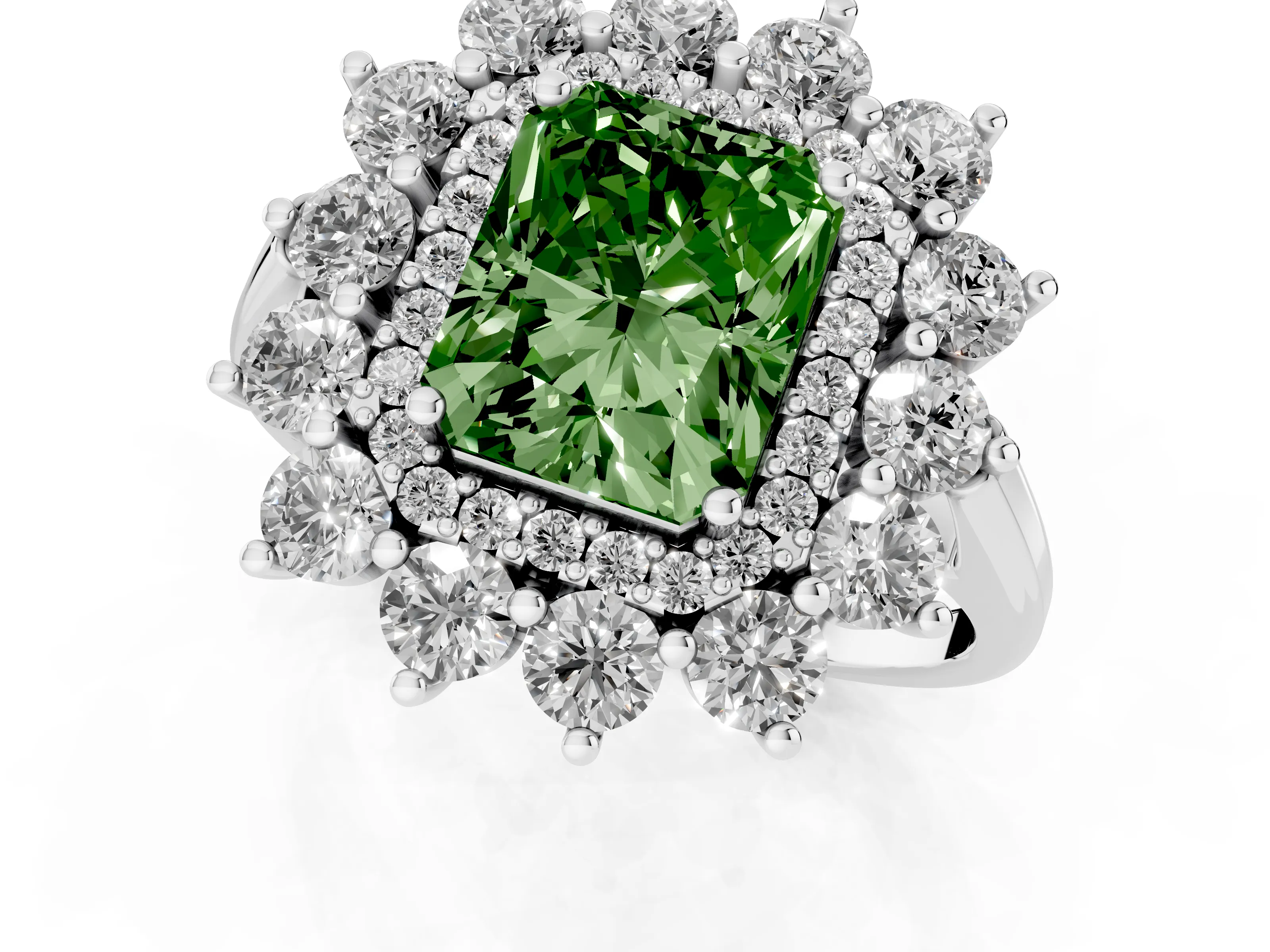 Fancy Green Radiant Cut Diamond Floral Double Halo Ring Set in Silver with Round Petals