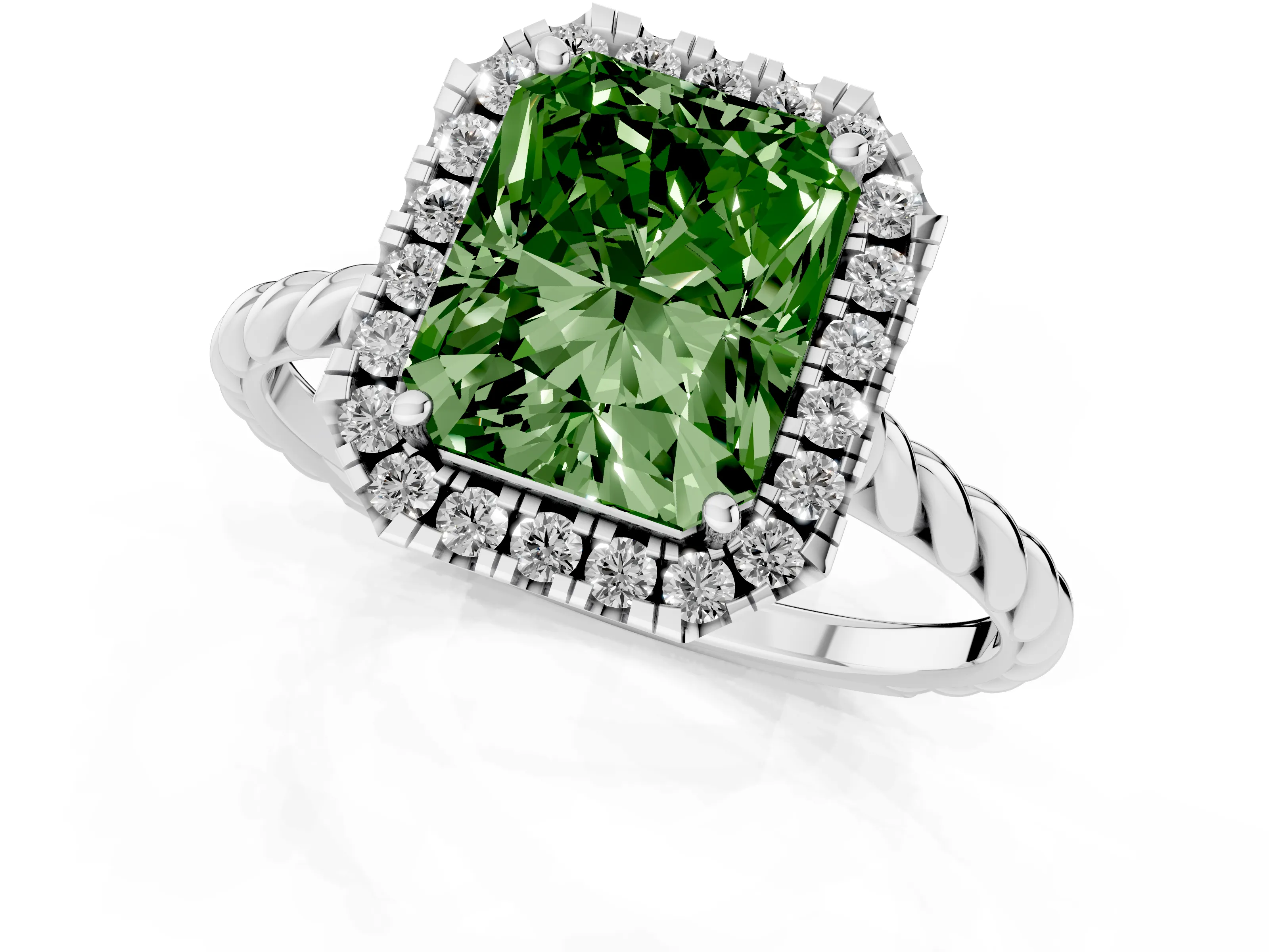 Fancy Green Radiant Cut Diamond Halo Ring Set in Platinum with Plain Twisted Band