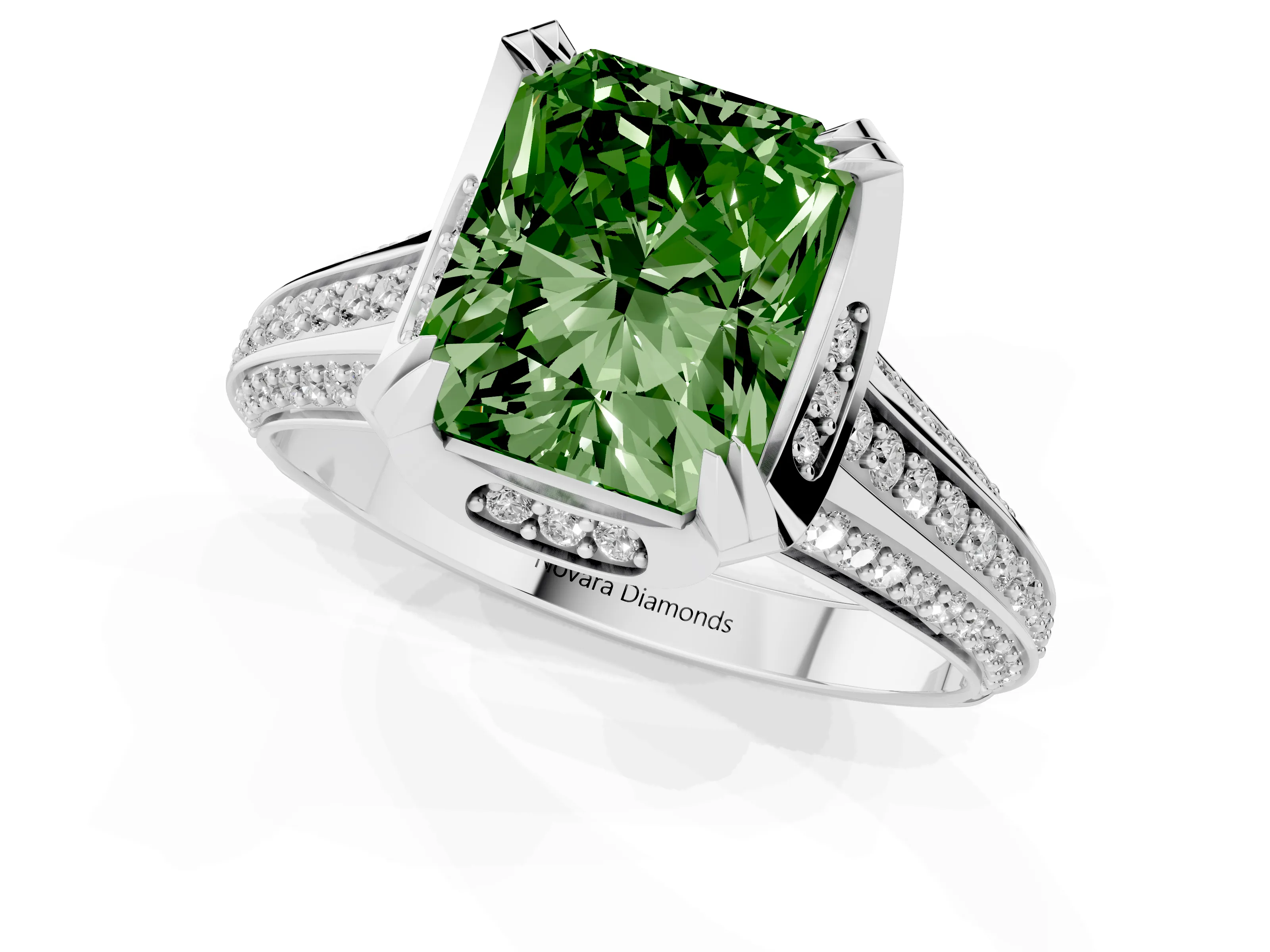 Fancy Green Radiant Cut Diamond Pavé Split Shank Solitaire Ring Set in Silver with Prong Setting
