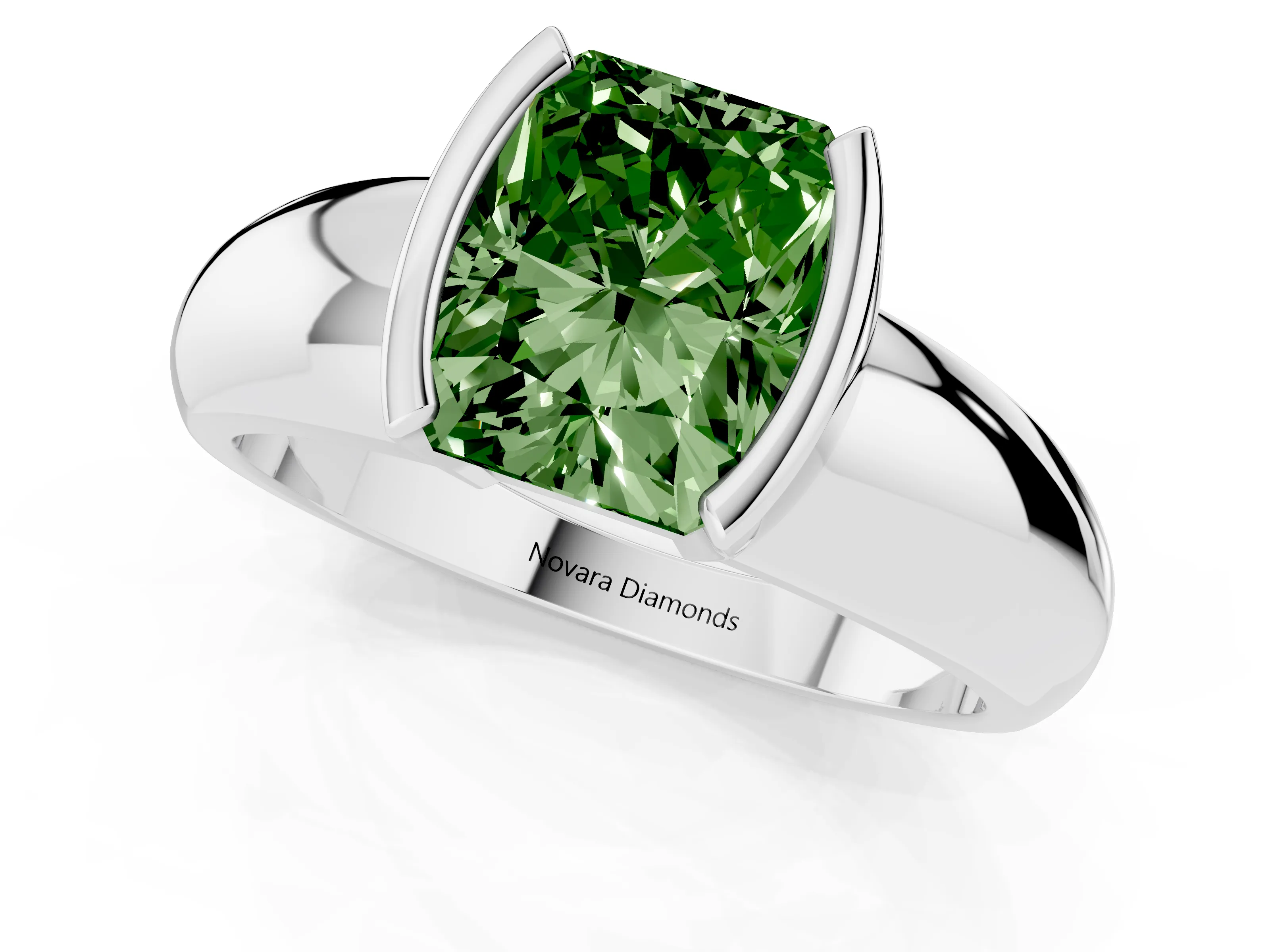 Fancy Green Radiant Cut Diamond Solitaire Tension Set Ring Set in White gold with Wide Band