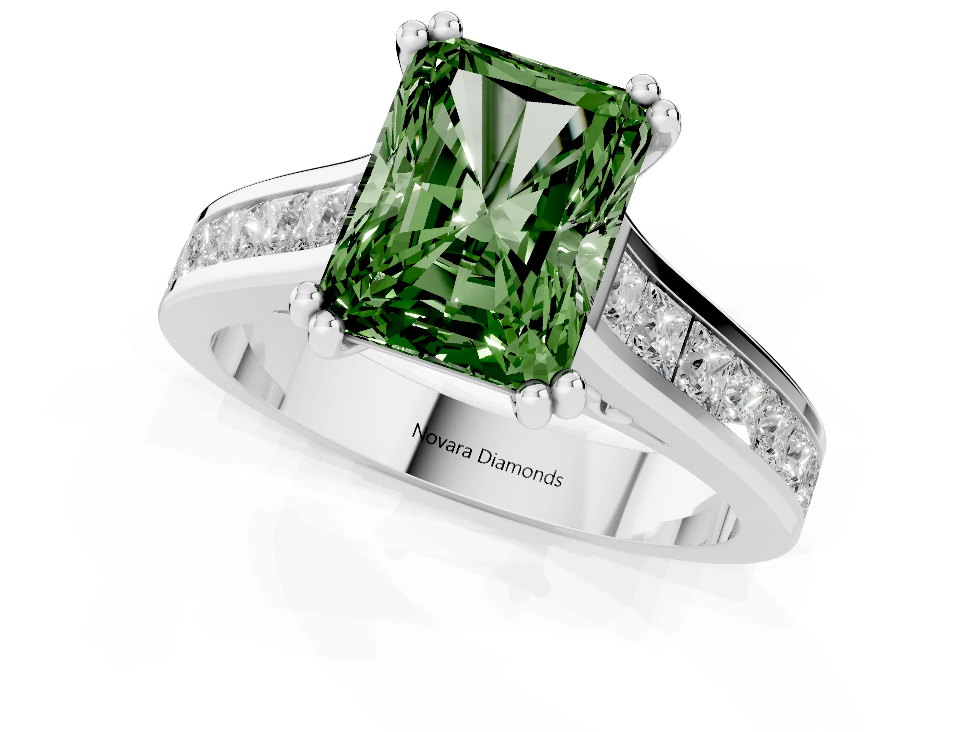 Fancy Green Radiant Cut Diamond Channel Set Solitaire Engagement Ring Set in Platinum with Prong Setting