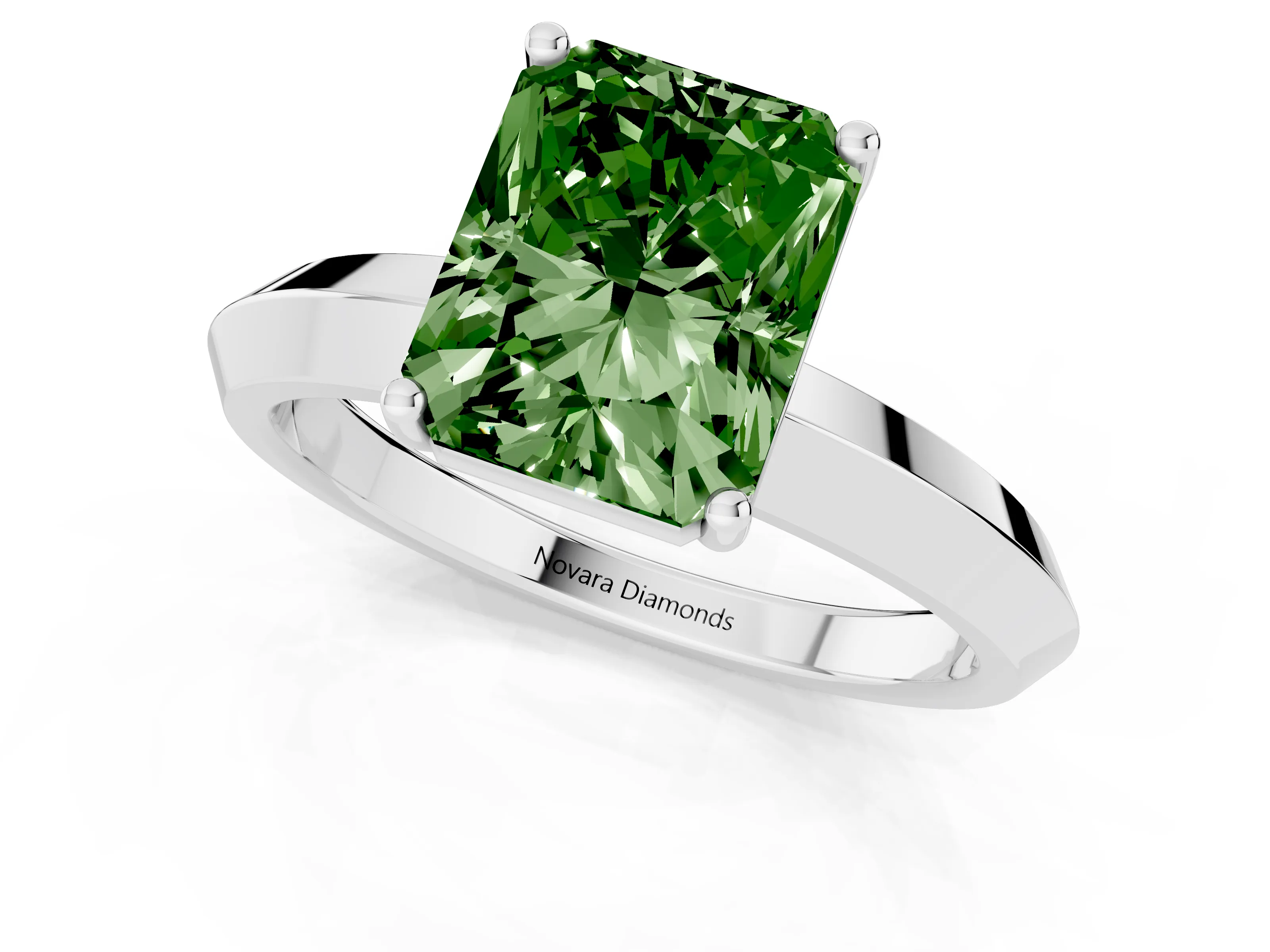 Fancy Green Radiant Cut Diamond Solitaire Engagement Ring Set in Silver with Flat Band and Prong Setting