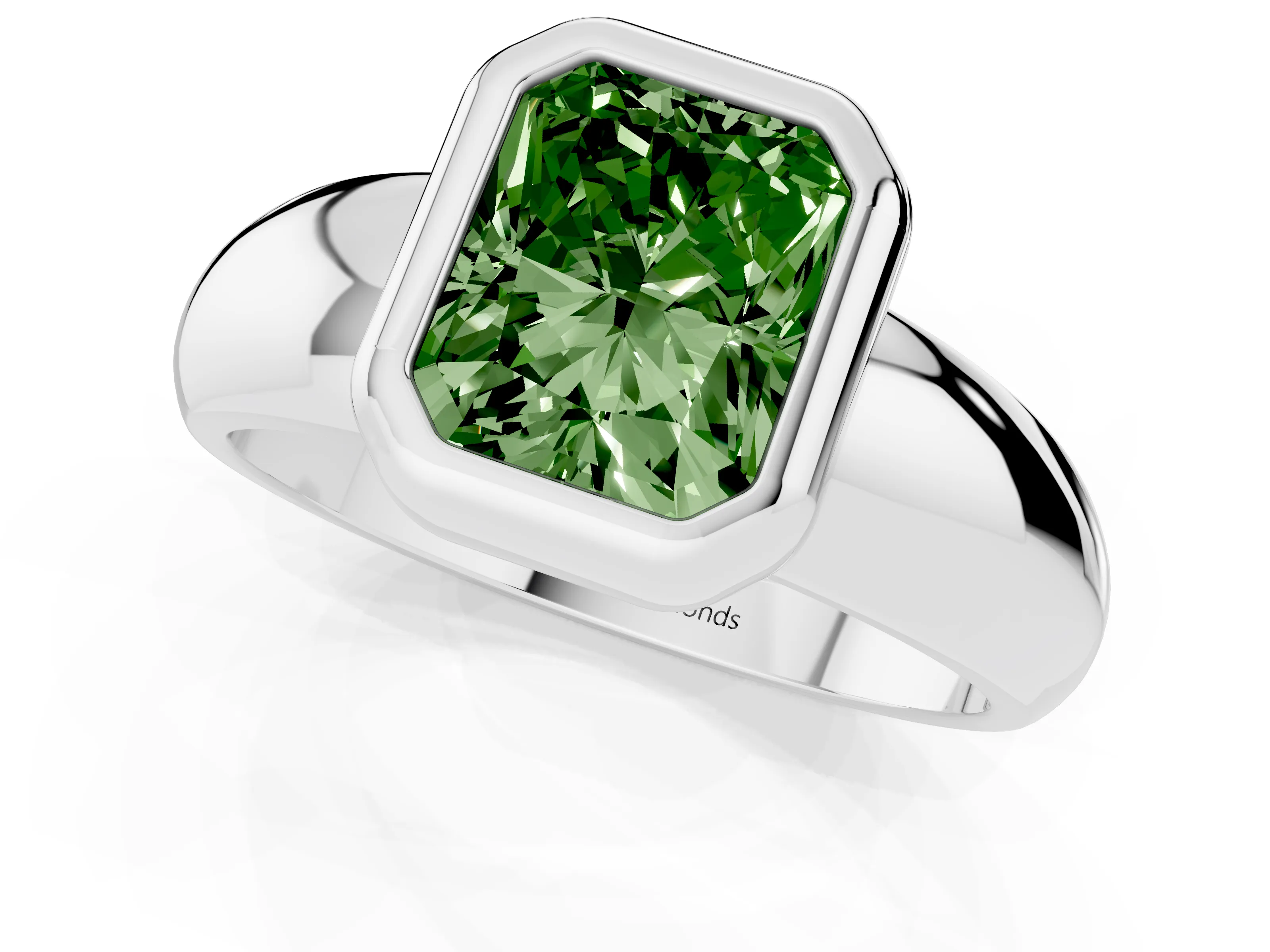 Fancy Green Bezel Set Radiant Cut Diamond Solitaire Ring Set in Silver with Wide Band