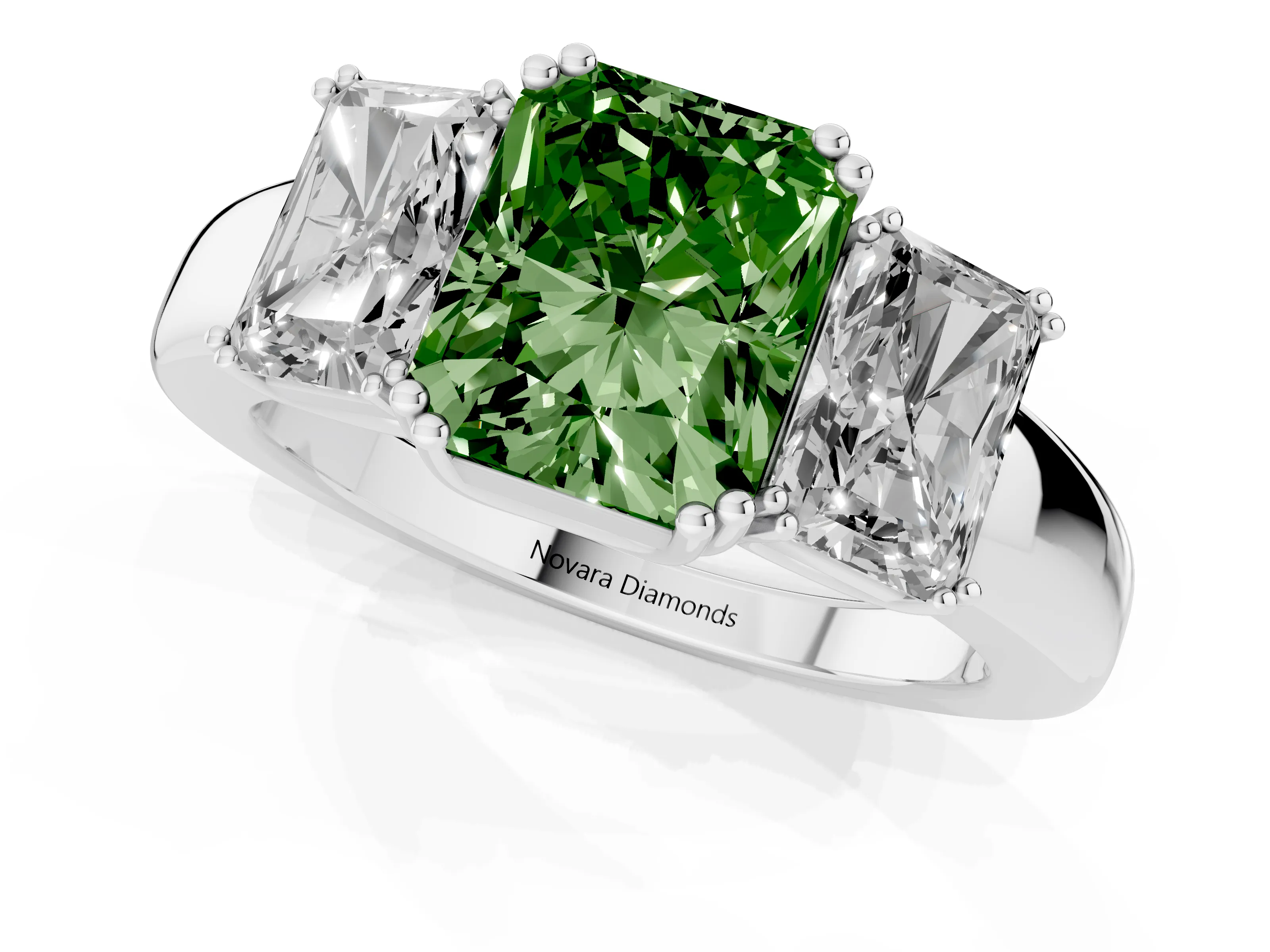 Fancy Green Radiant Cut Diamond Three-Stone Ring Set in Platinum with Polished Channel-Set Band