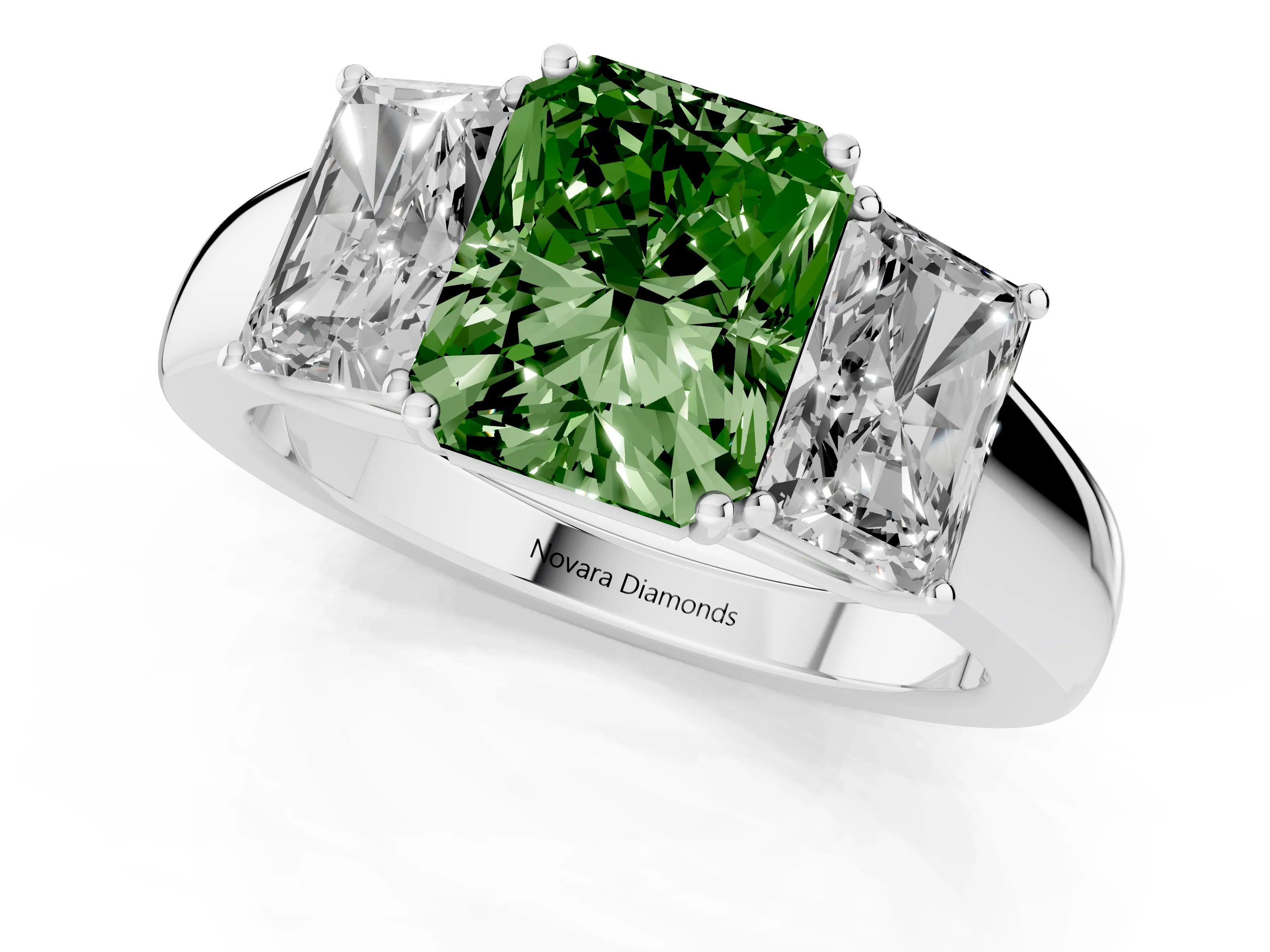 Fancy Green Three-Stone Radiant Cut Diamond Ring Set in White gold with Matching Prong Settings and Plain Band
