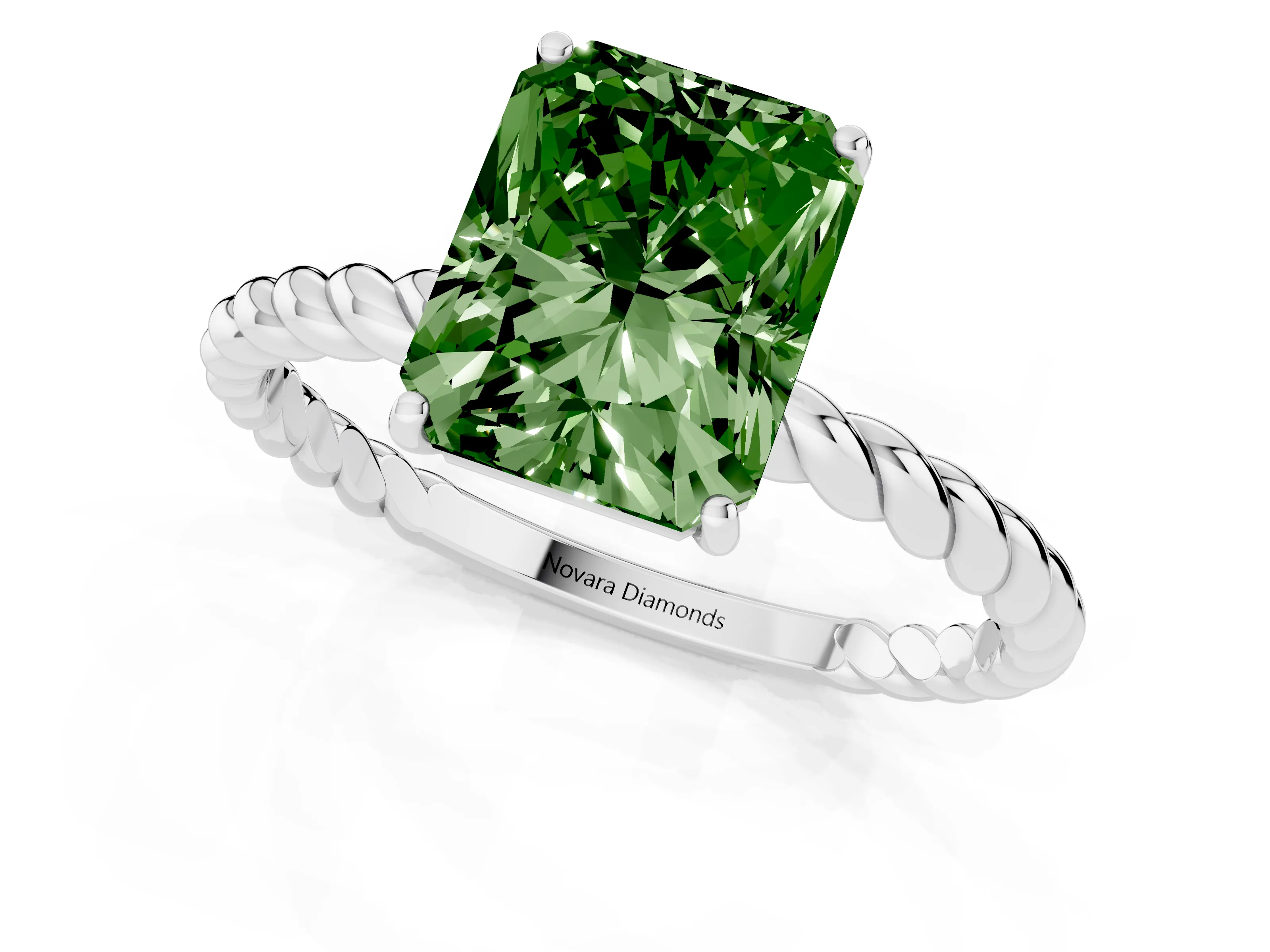 Fancy Green Radiant Cut Diamond Solitaire Ring Set in White gold with Twist Band and Prong Setting