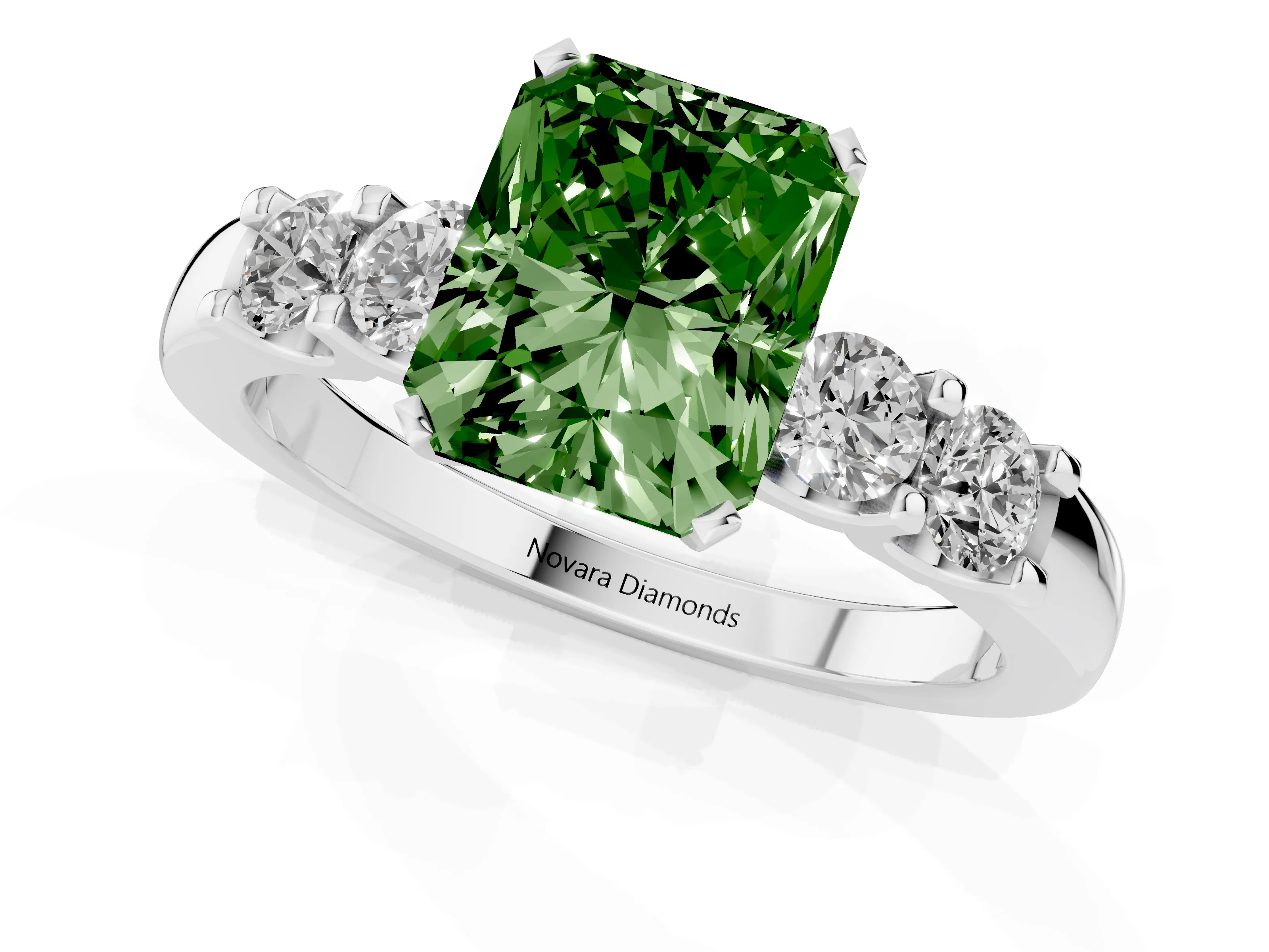 Fancy Green Radiant Cut Diamond Five-Stone Prong Set Engagement Ring Set in Platinum with Channel Band