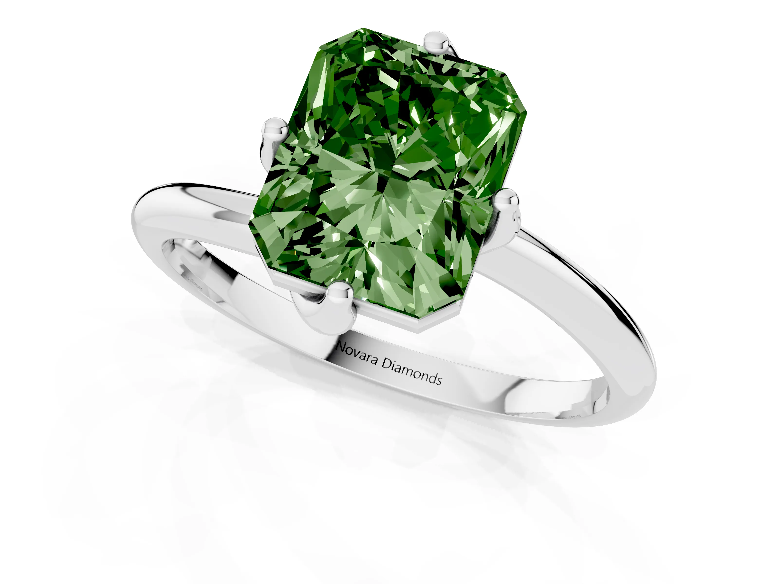 Fancy Green Radiant Cut Diamond Solitaire Engagement Ring Set in Platinum with Classic Plain Band