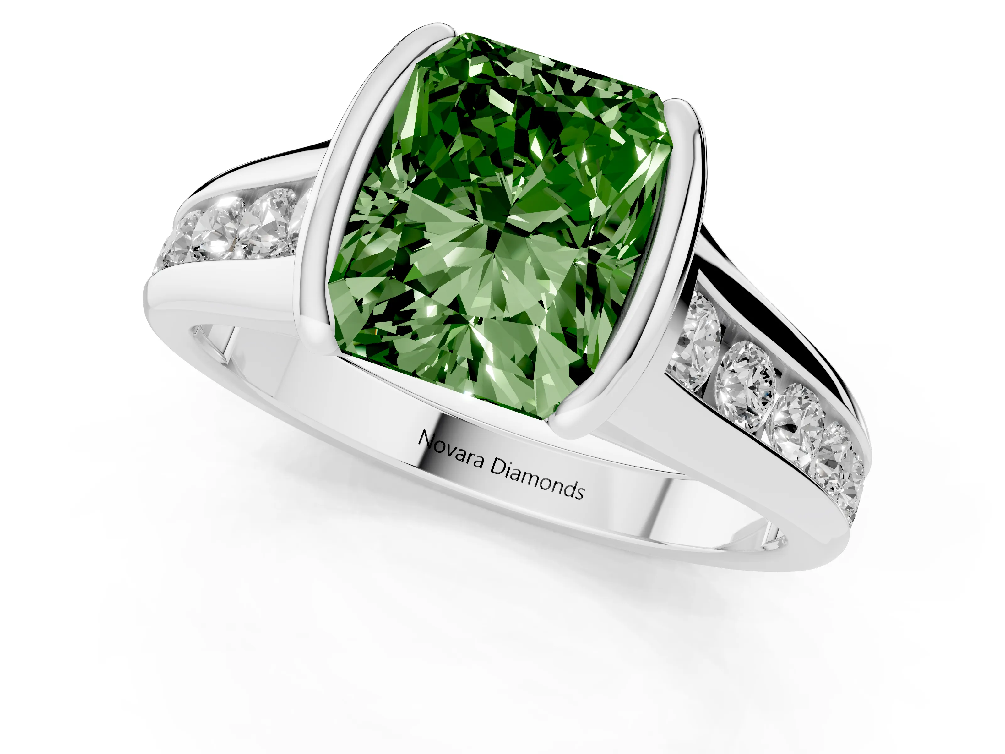 Fancy Green Radiant Cut Diamond Bezel-Set Solitaire Ring Set in White gold with Channel-Set Band