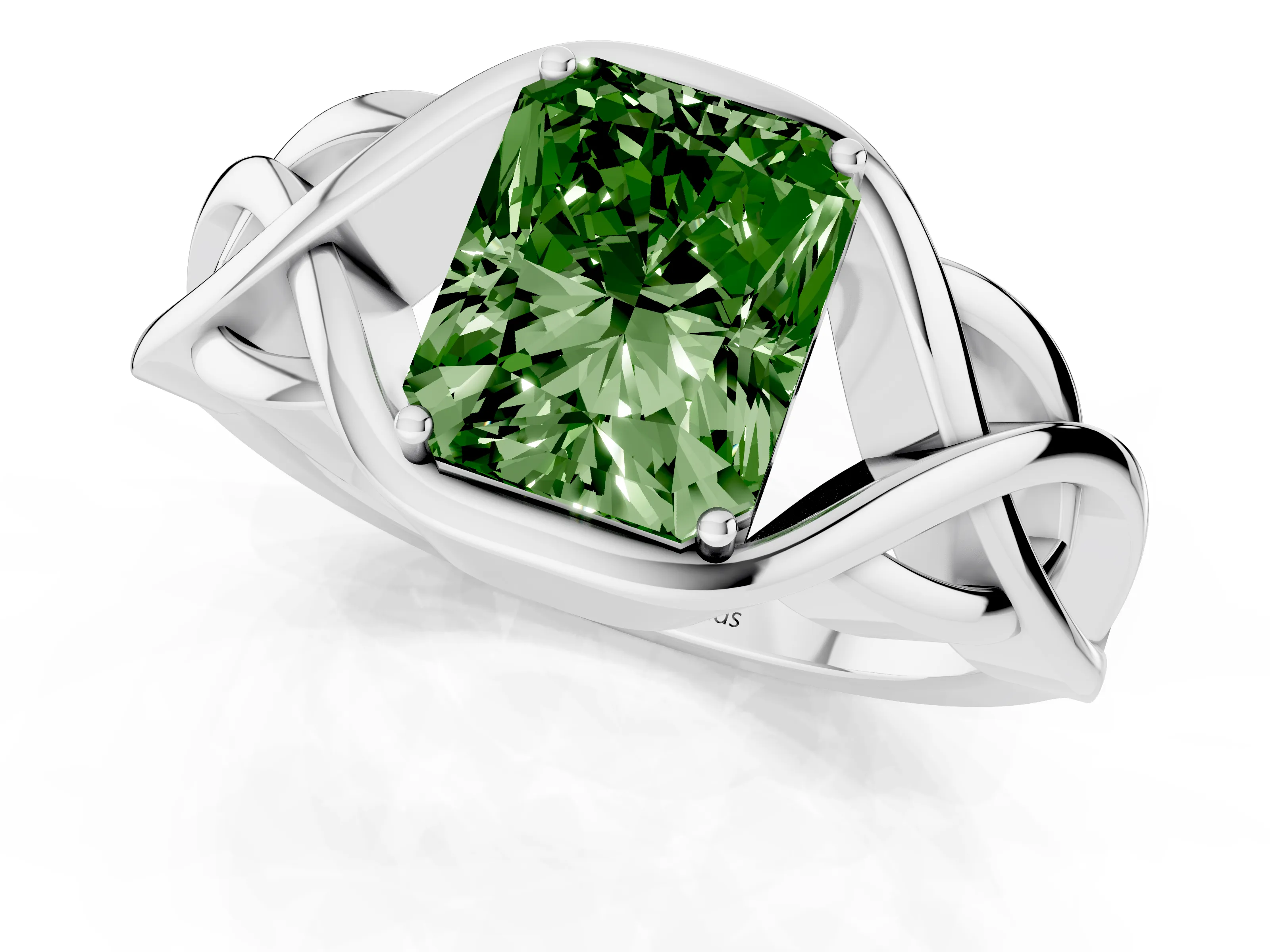 Fancy Green Radiant Cut Diamond Solitaire Ring Set in Silver with Intertwined Band