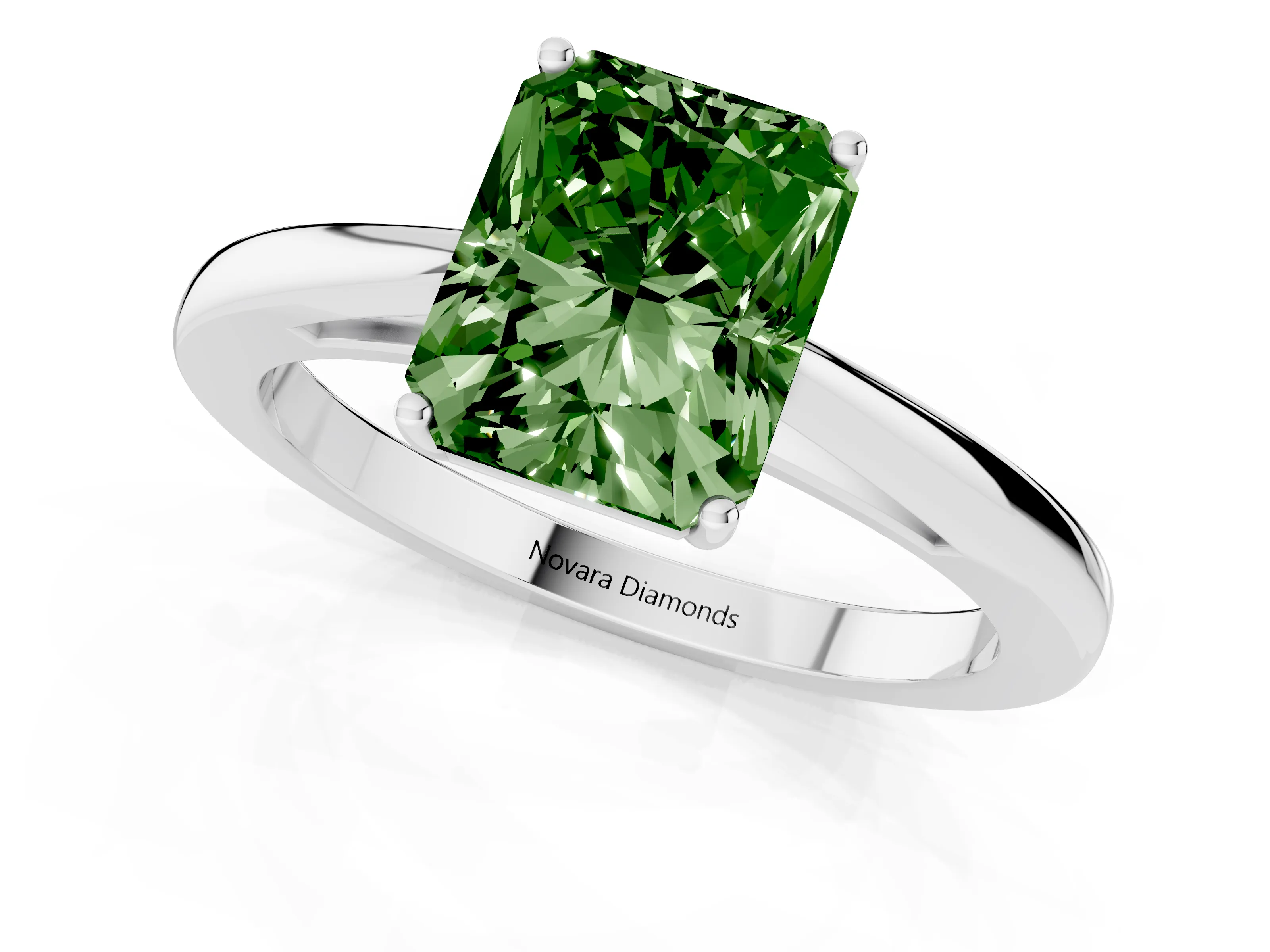 Fancy Green Radiant Cut Diamond Solitaire Ring Set in Silver with Split Shank and Prong Setting