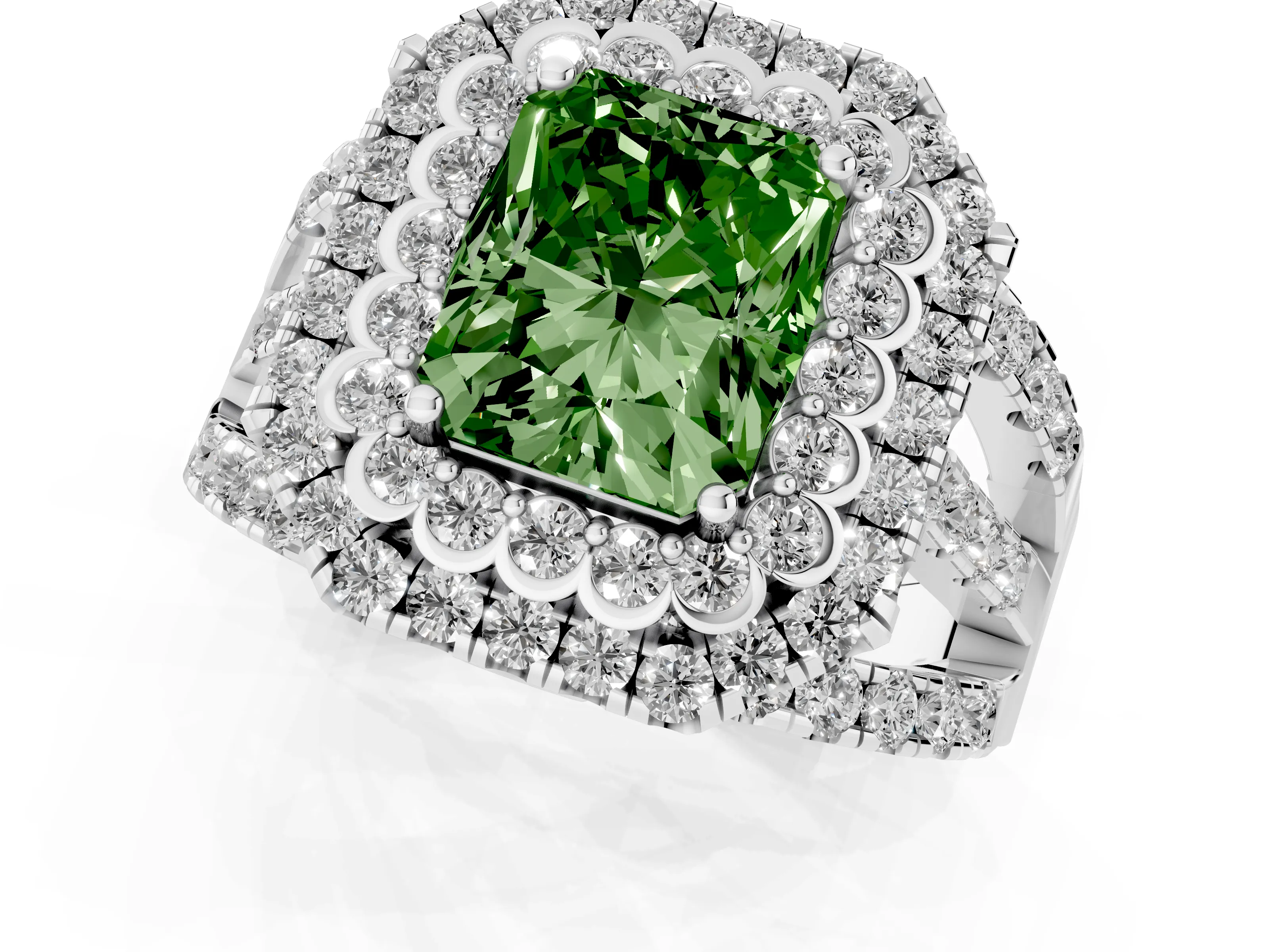 Fancy Green Radiant Cut Diamond Double Halo Ring Set in White gold with Round Pavé Split Shank