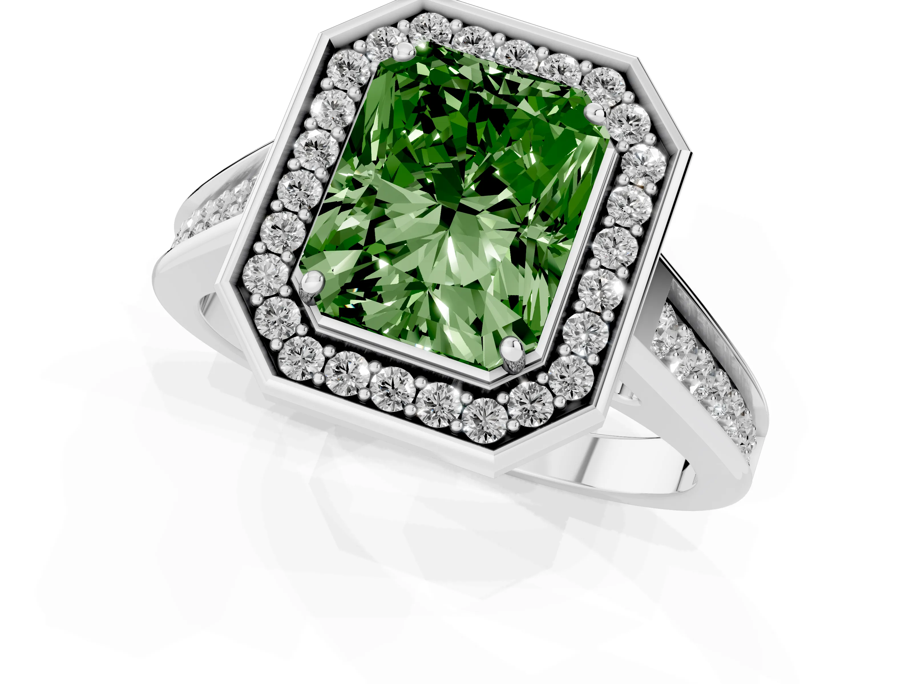 Fancy Green Radiant Cut Diamond Halo Solitaire Ring Set in Platinum with Pavé Band and Bezel Setting