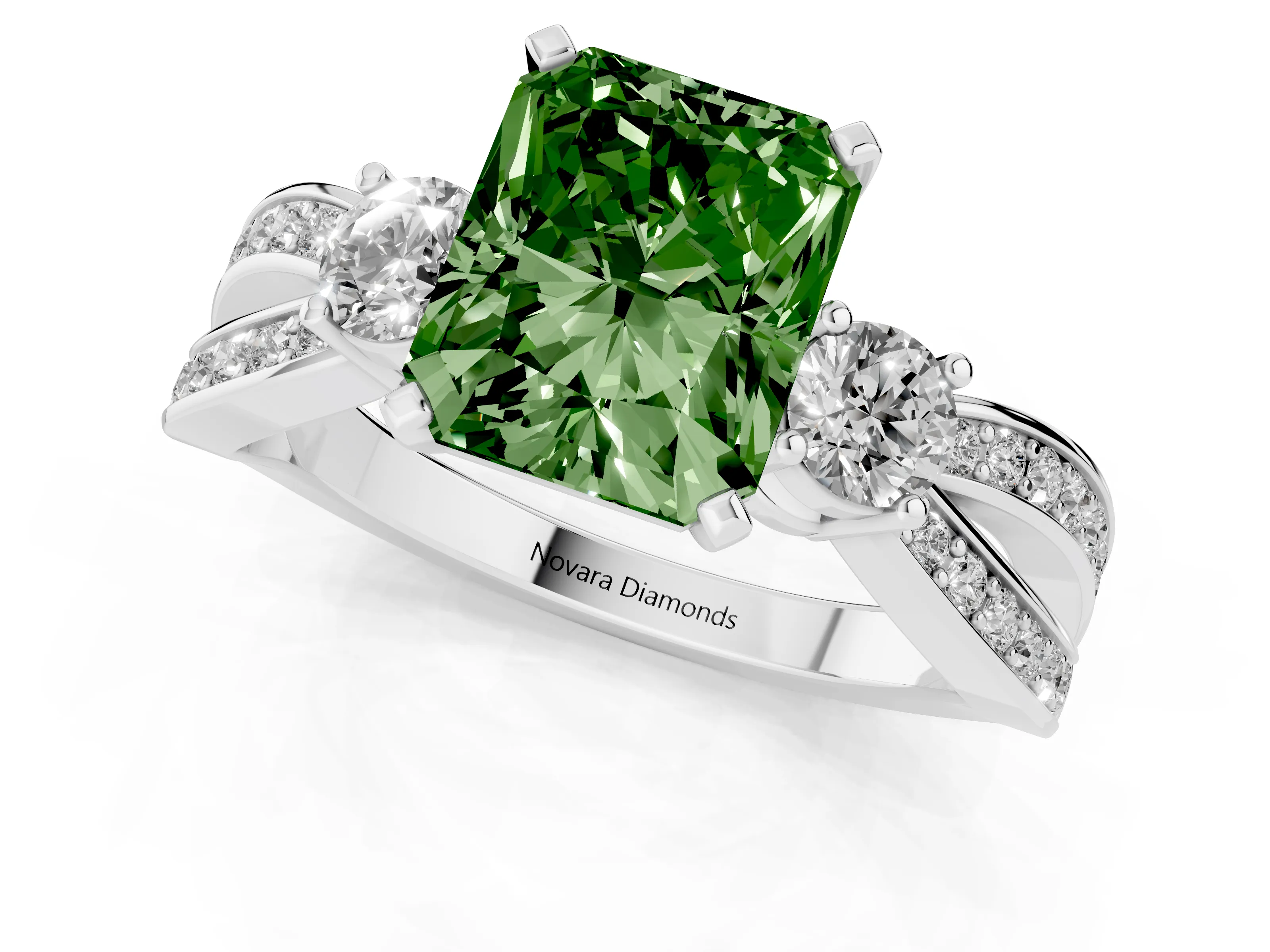 Fancy Green Three-Stone Radiant Cut Diamond Twist Band Ring Set in Platinum with Pavé Accents and Prong Setting