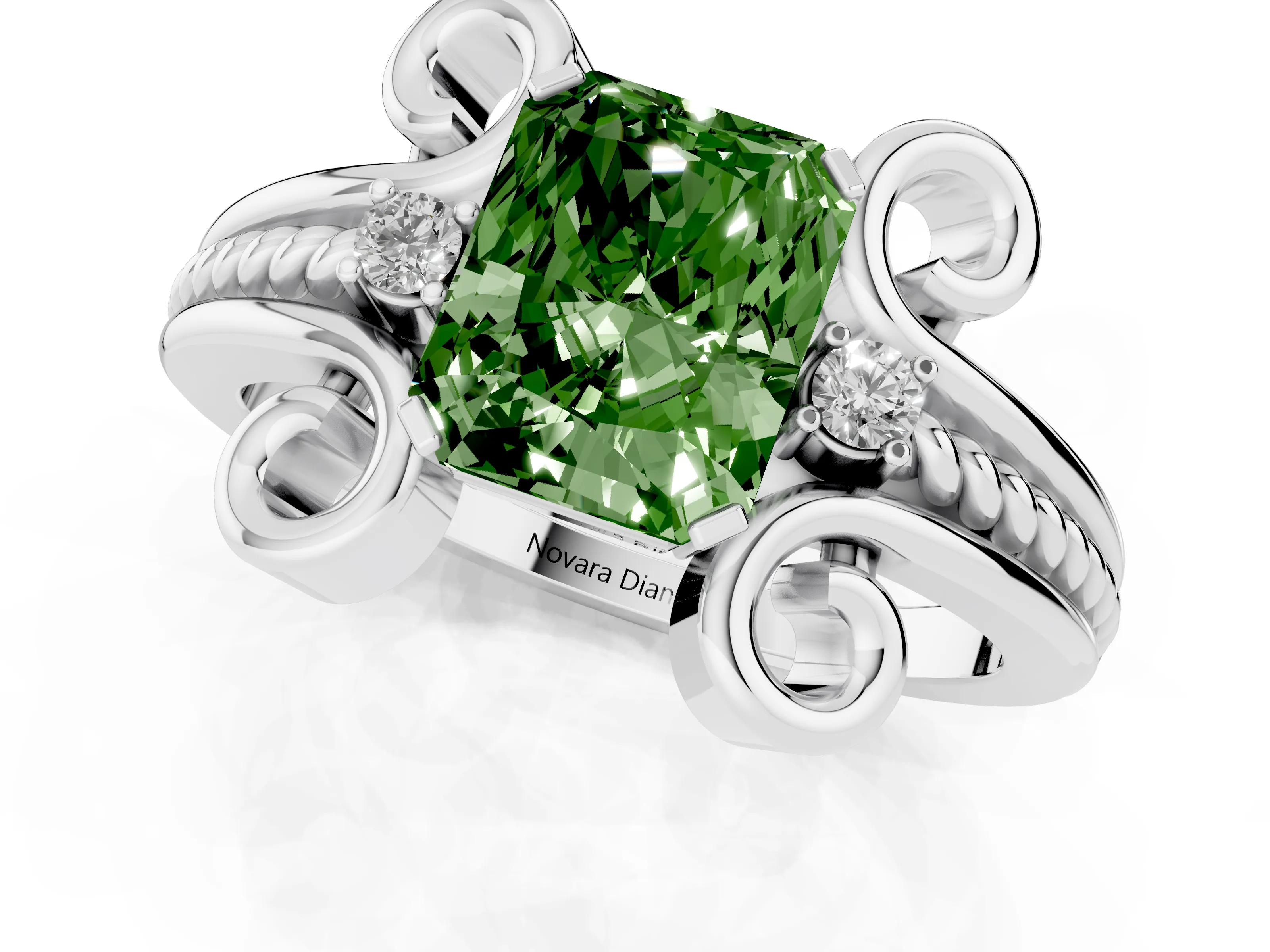 Fancy Green Radiant Cut Diamond Twisted Band Solitaire Ring Set in Platinum with Scroll Prongs
