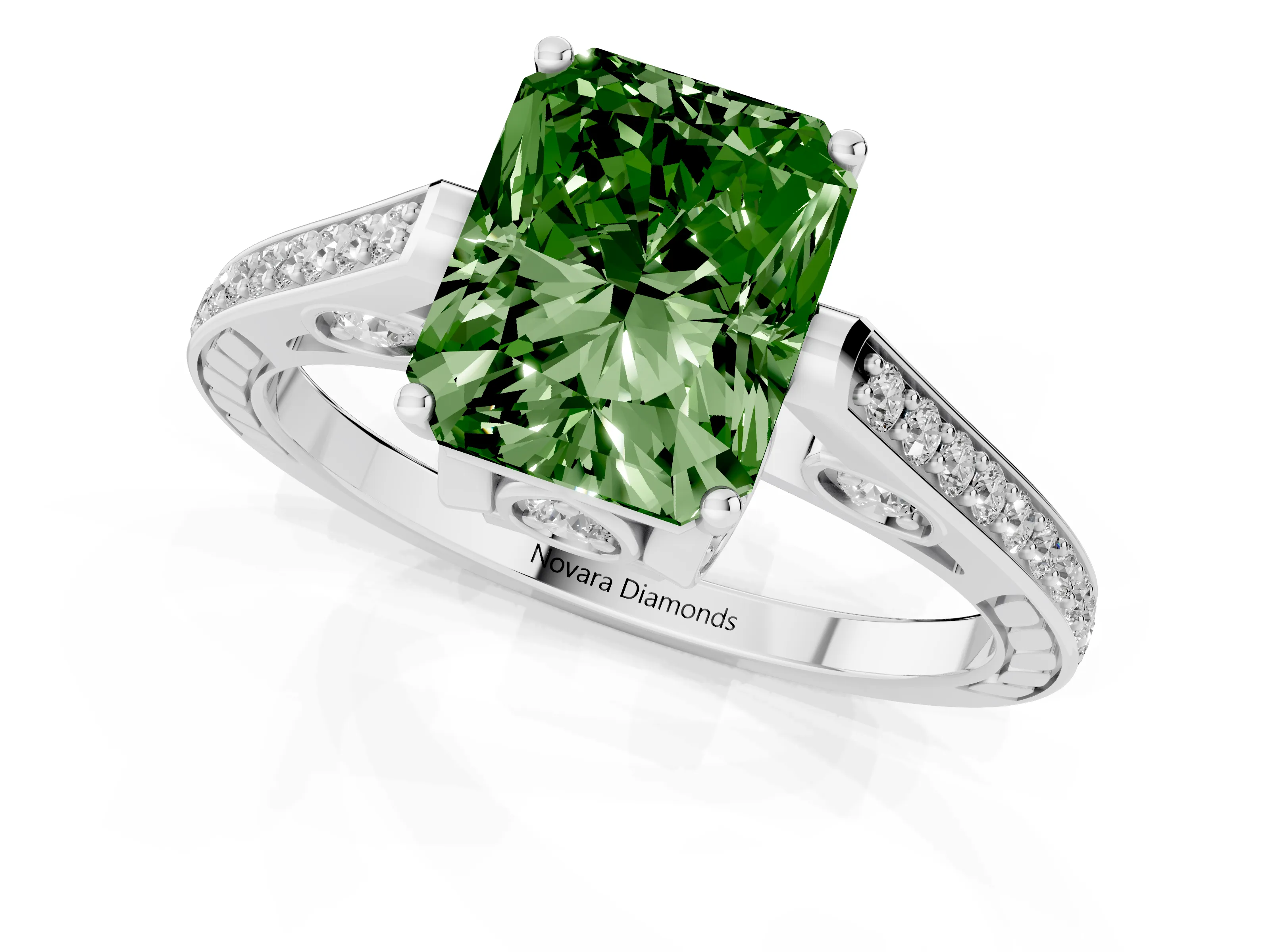Fancy Green Radiant Cut Diamond Cathedral Pavé Engagement Ring Set in Platinum with Prong Setting