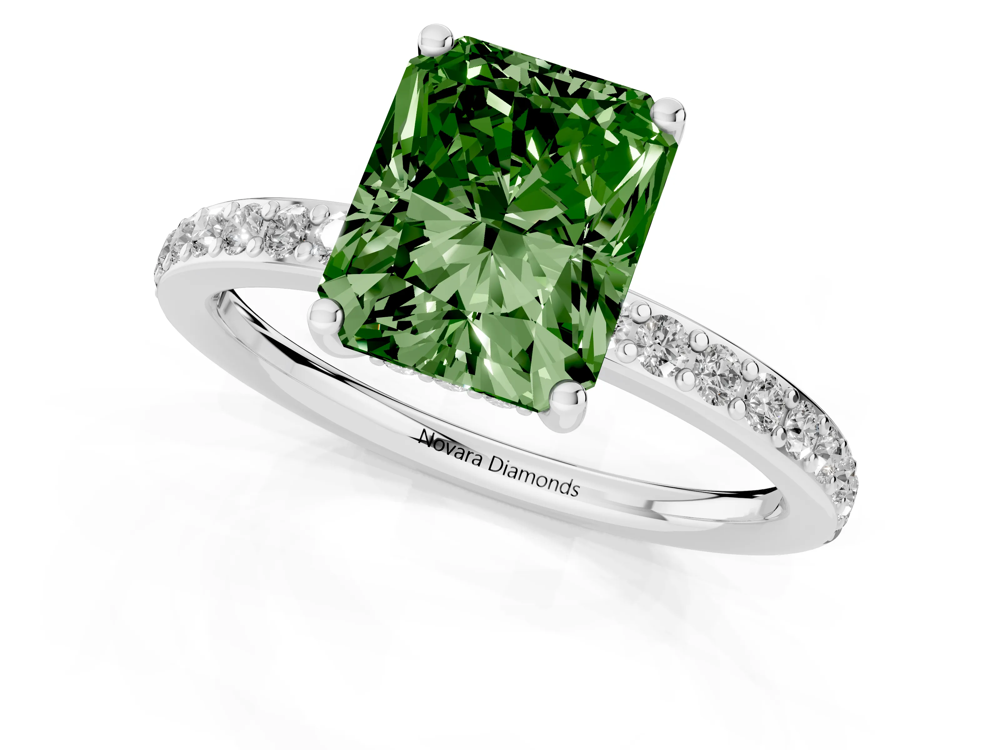 Fancy Green Radiant Cut Diamond Pavé Band Ring Set in Silver with Prong-Set Center Stone