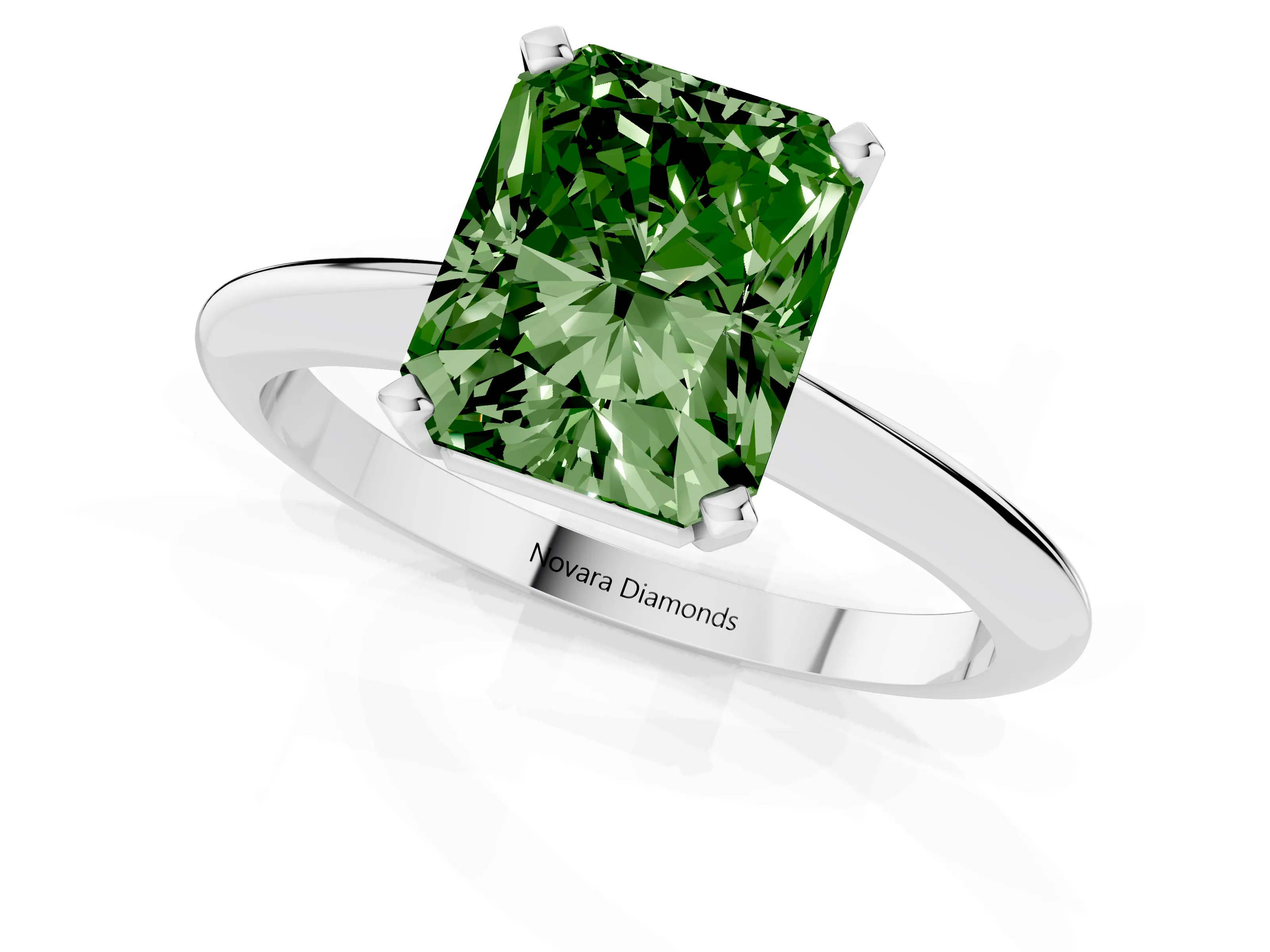 Fancy Green Radiant Cut Diamond Solitaire Ring Set in Silver with Prong Setting on a Plain Round Band