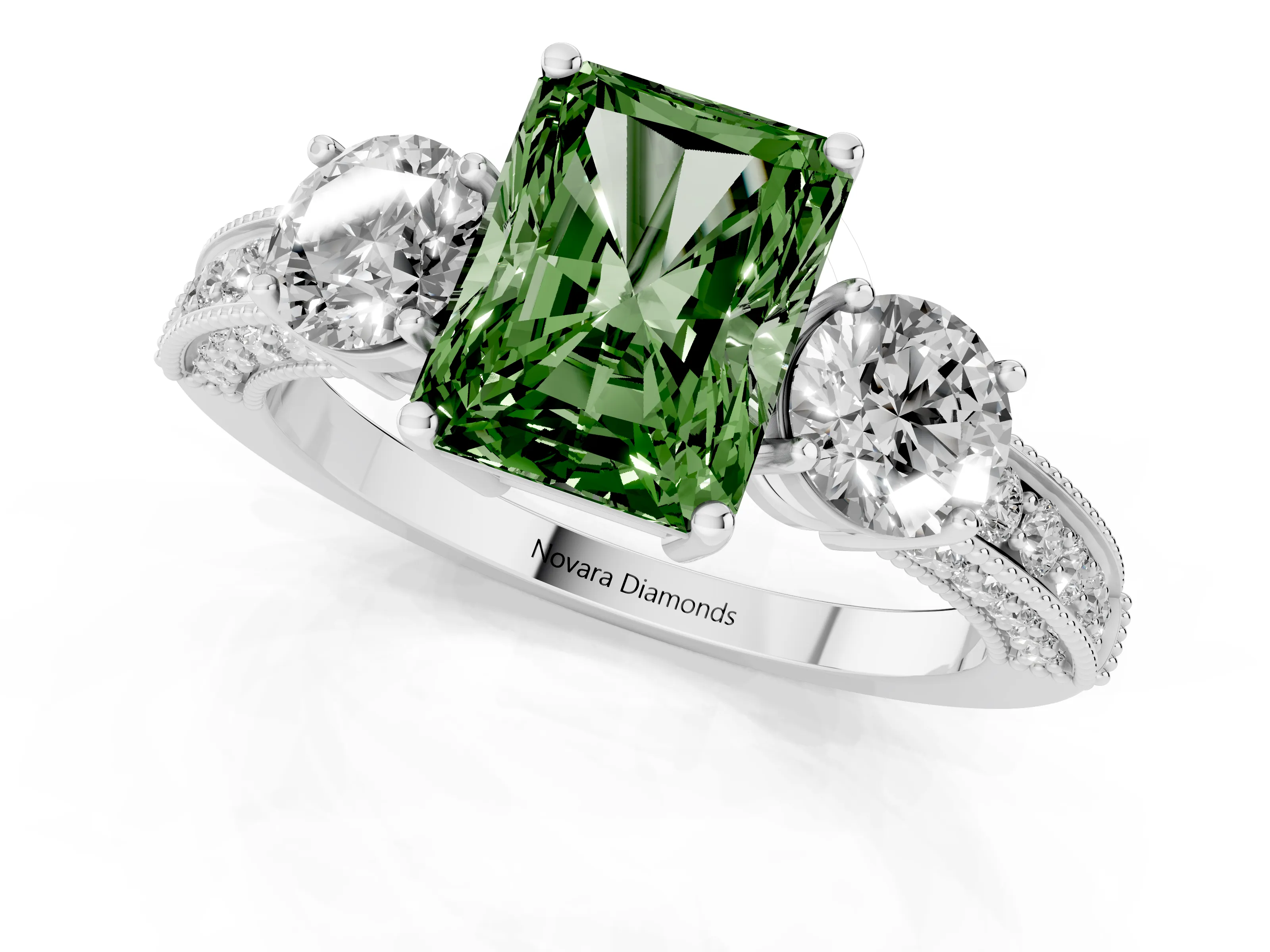 Fancy Green Radiant Cut Diamond Three-Stone Ring Set in Platinum with Round Side Stones and Pavé Band
