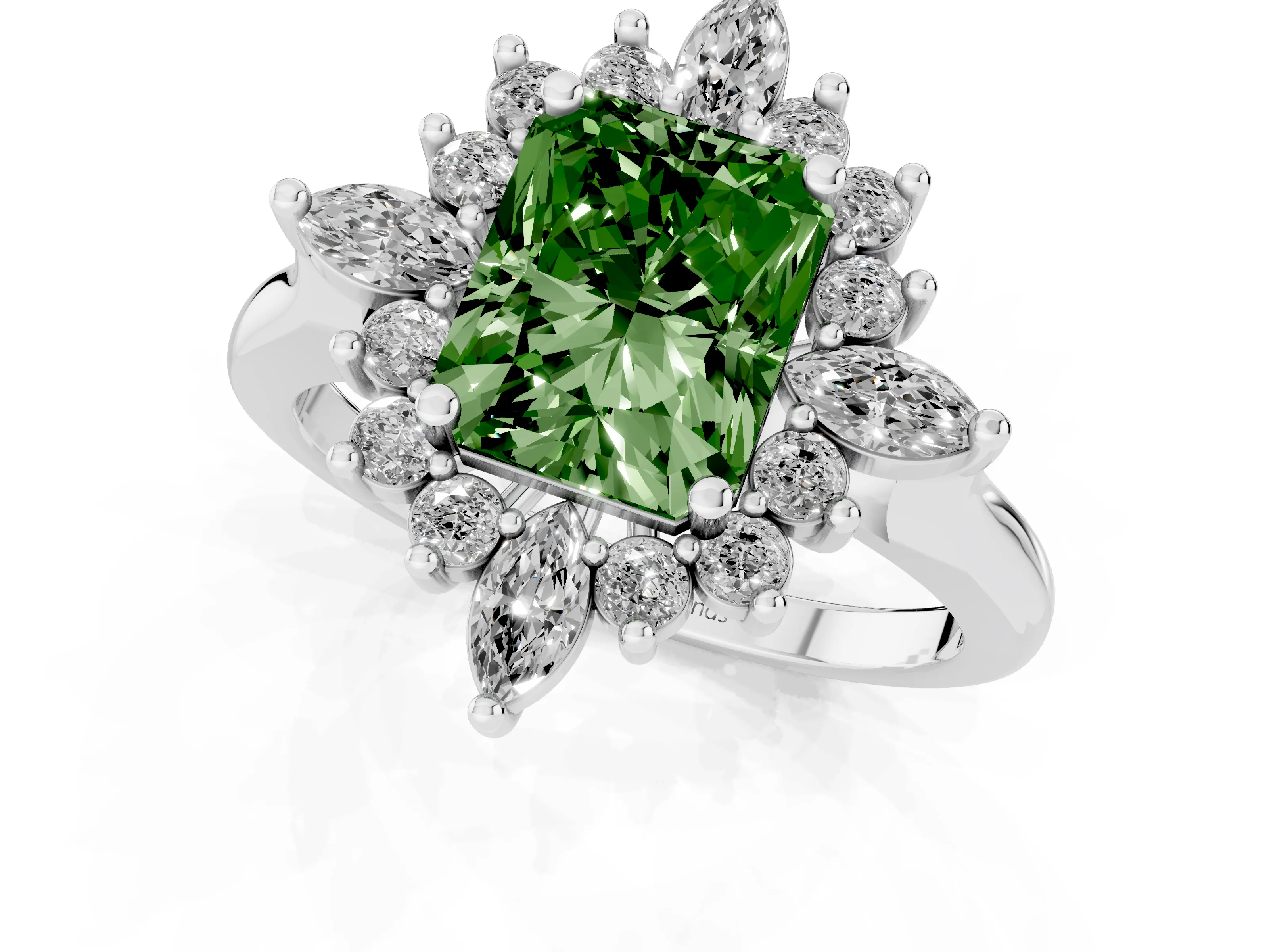 Fancy Green Radiant Cut Diamond Cluster Halo Ring Set in Platinum with Marquise and Round Accents