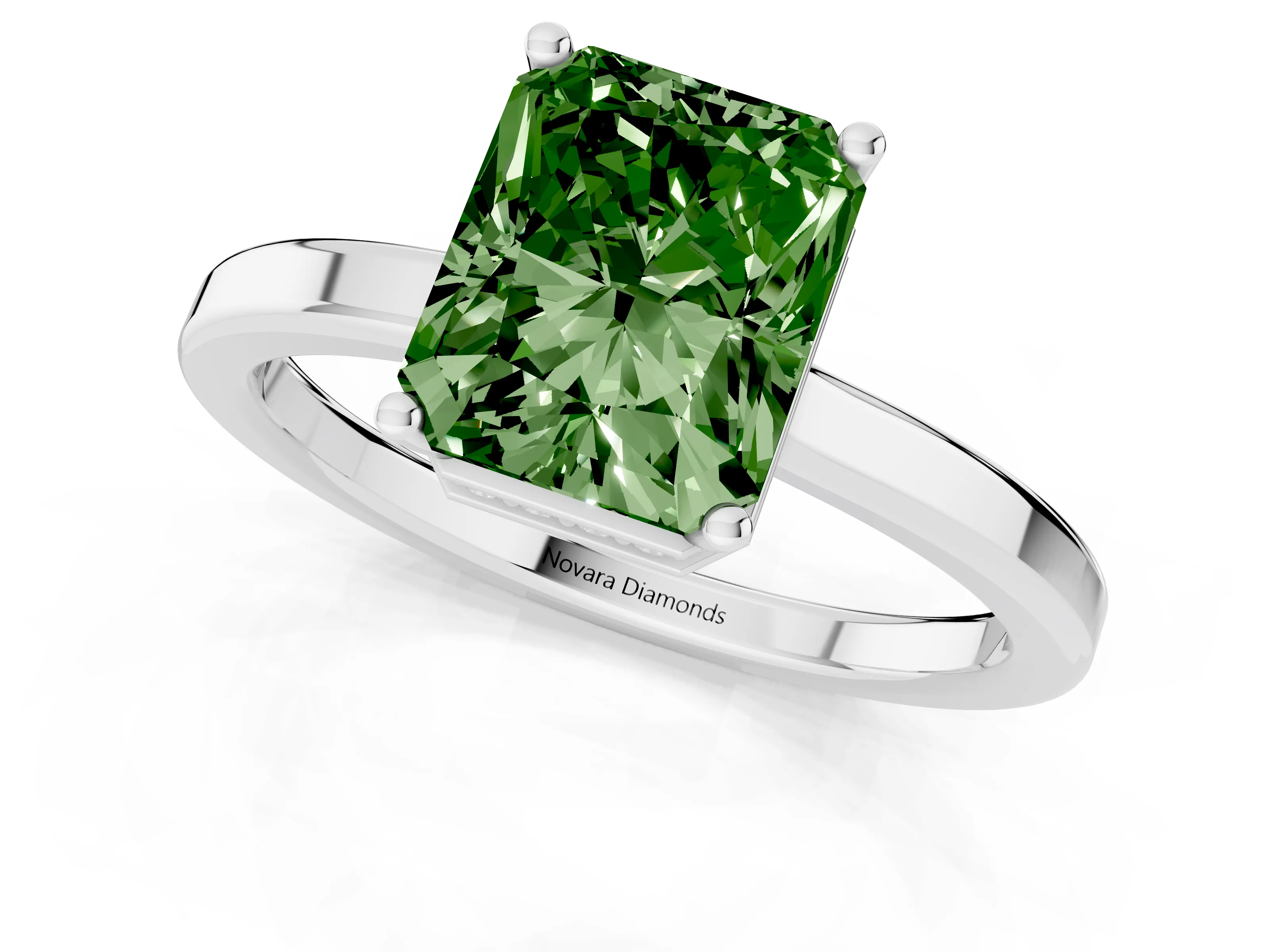 Fancy Green Radiant Cut Diamond Solitaire Engagement Ring Set in Silver with Prong Setting on a Plain Band