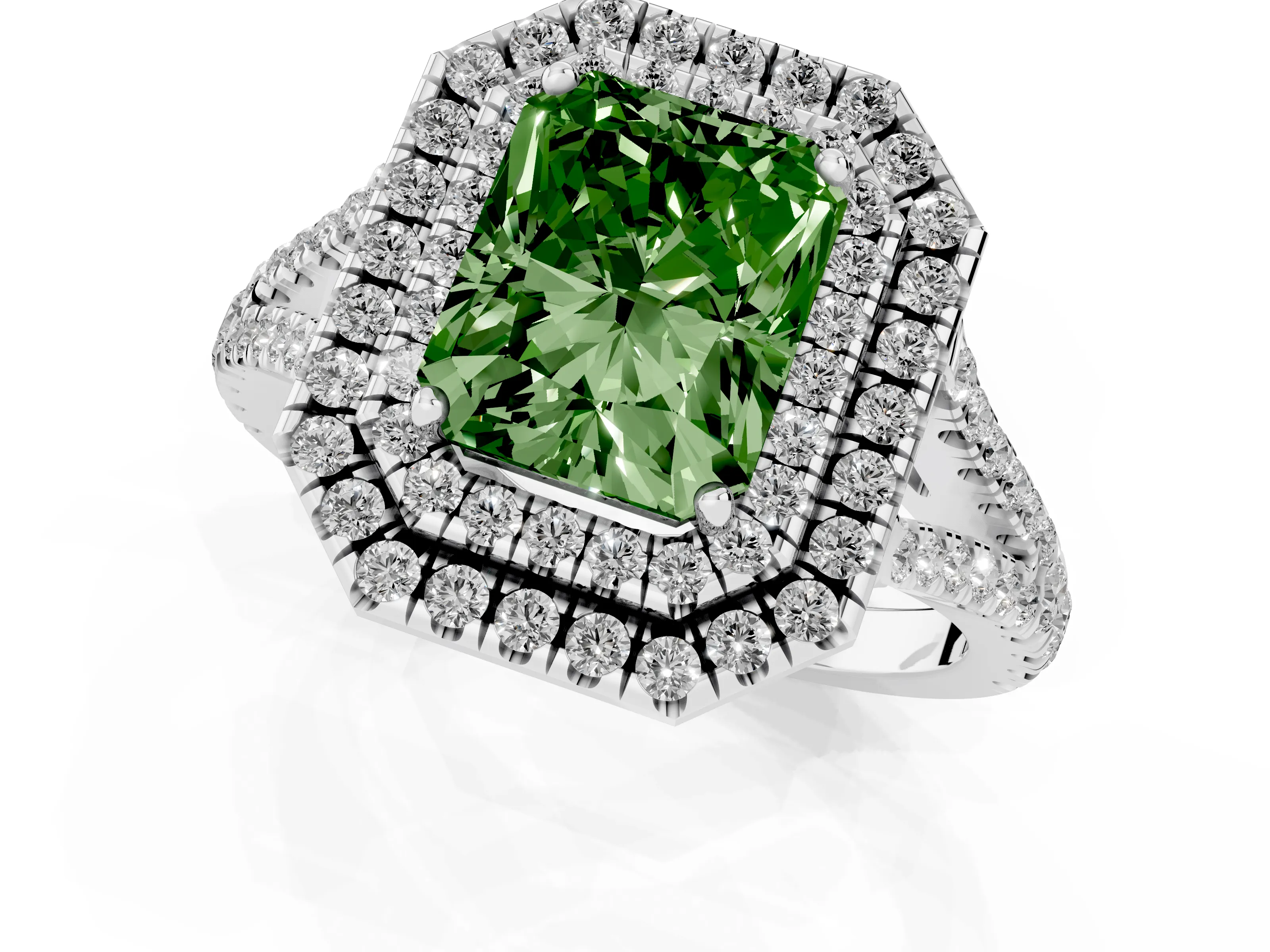 Fancy Green Radiant Cut Diamond Double Halo Ring Set in White gold with Pavé Band