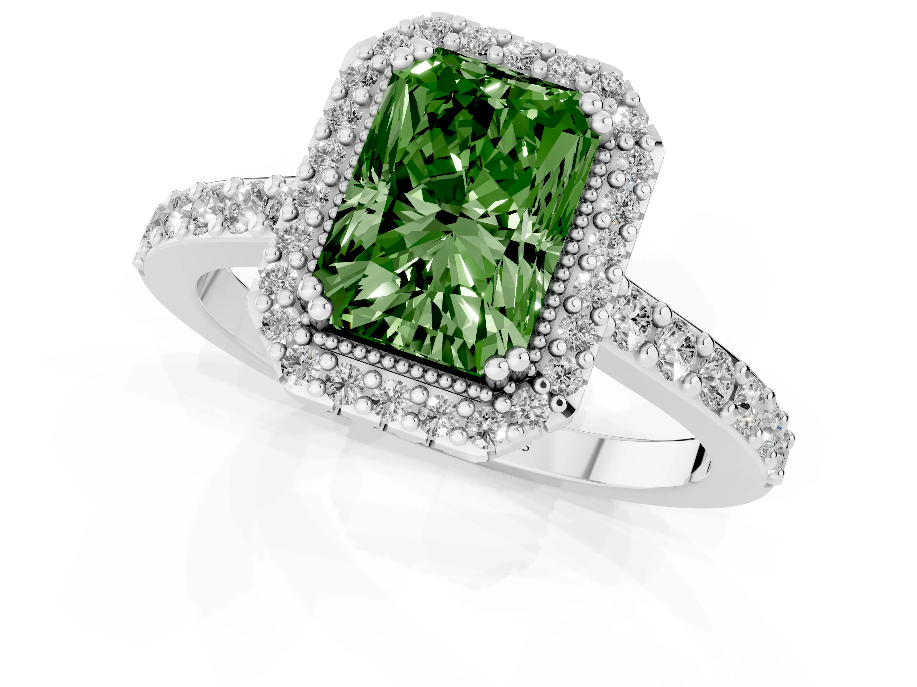 Fancy Green Radiant Cut Diamond Halo Engagement Ring Set in Silver with Milgrain Detail and Pavé Band