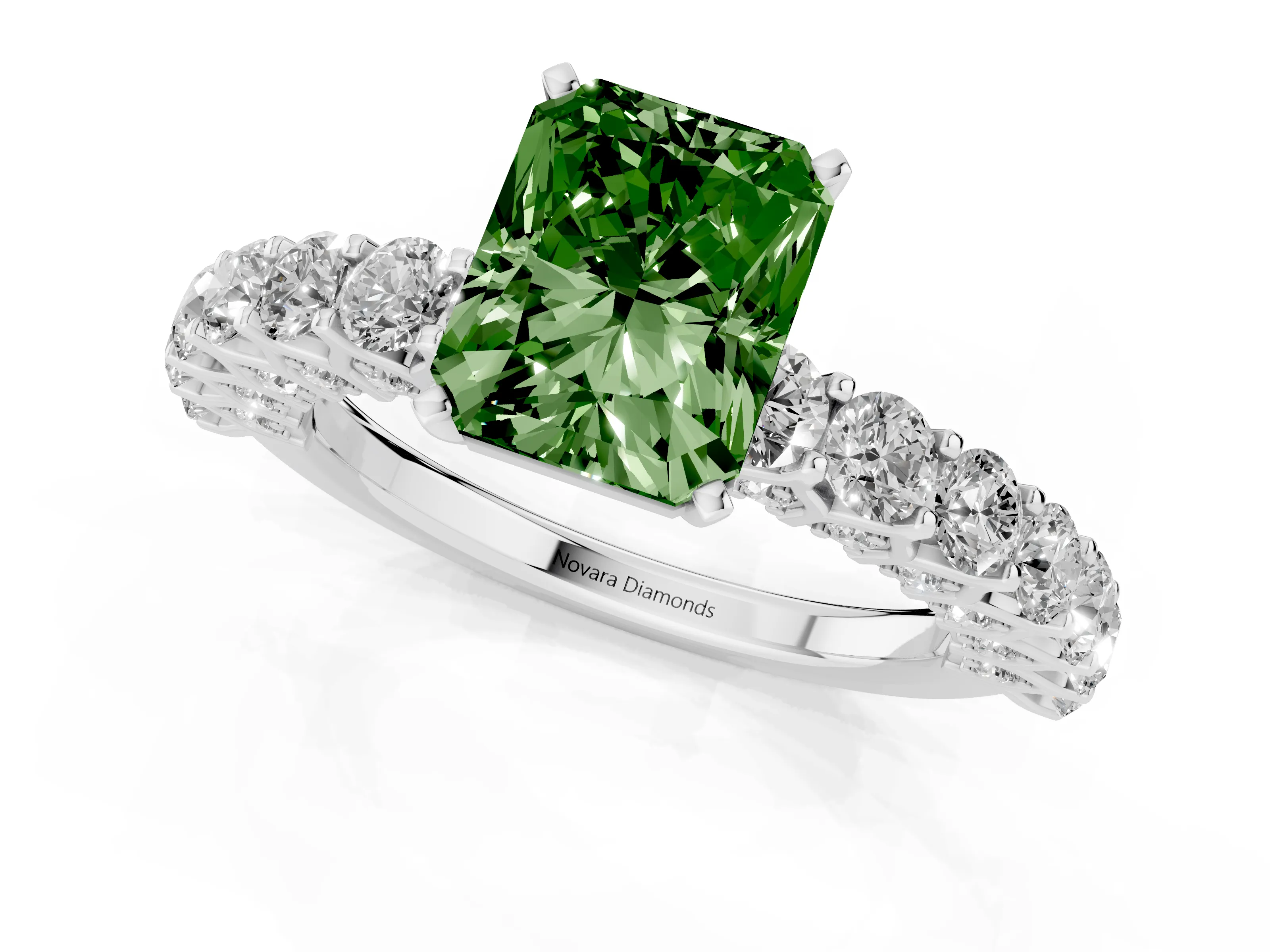 Fancy Green Radiant Cut Diamond Solitaire Ring Set in Silver with Shared Prong Pavé Band