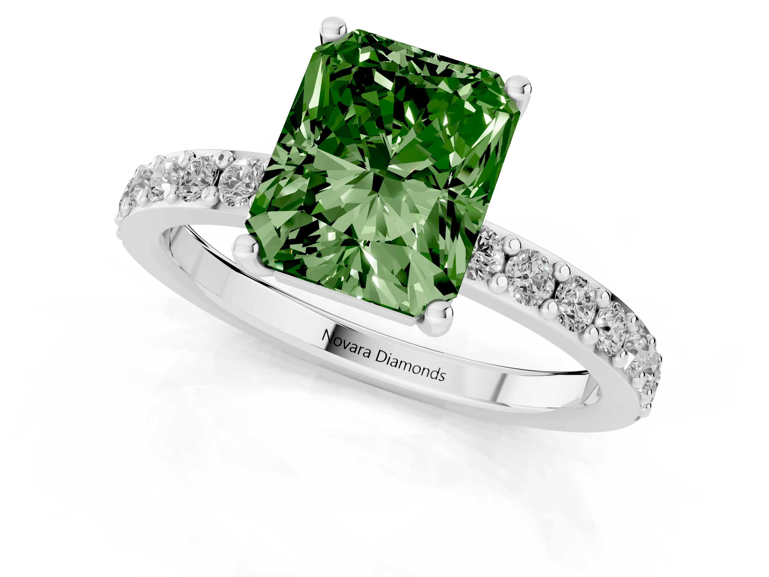 Fancy Green Radiant Cut Diamond Solitaire Set in Platinum with Round Pavé Band and Prong Setting