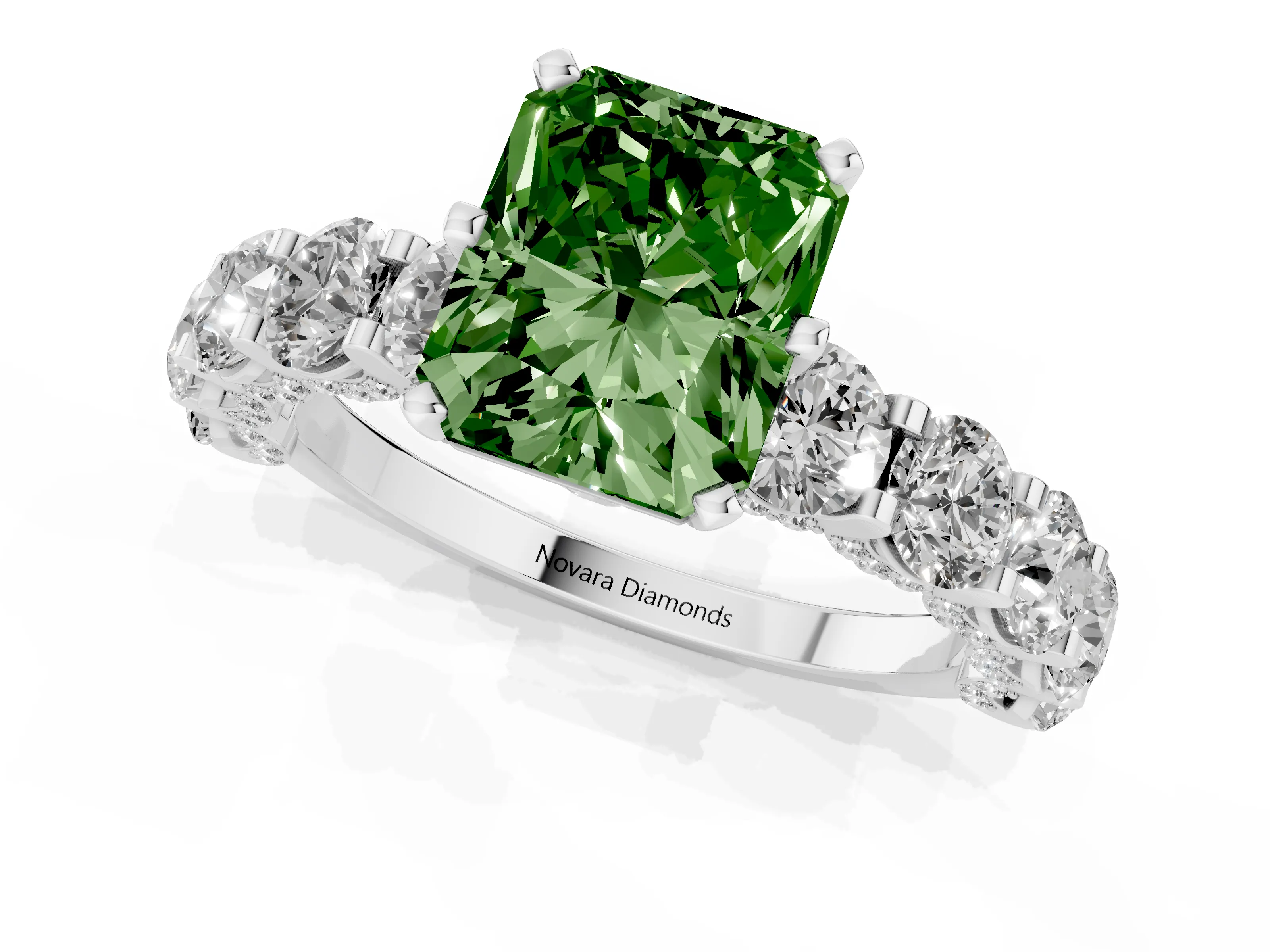 Fancy Green Radiant Cut Diamond Side Stone Ring Set in White gold with Alternating Round and Oval Side Stones – second view