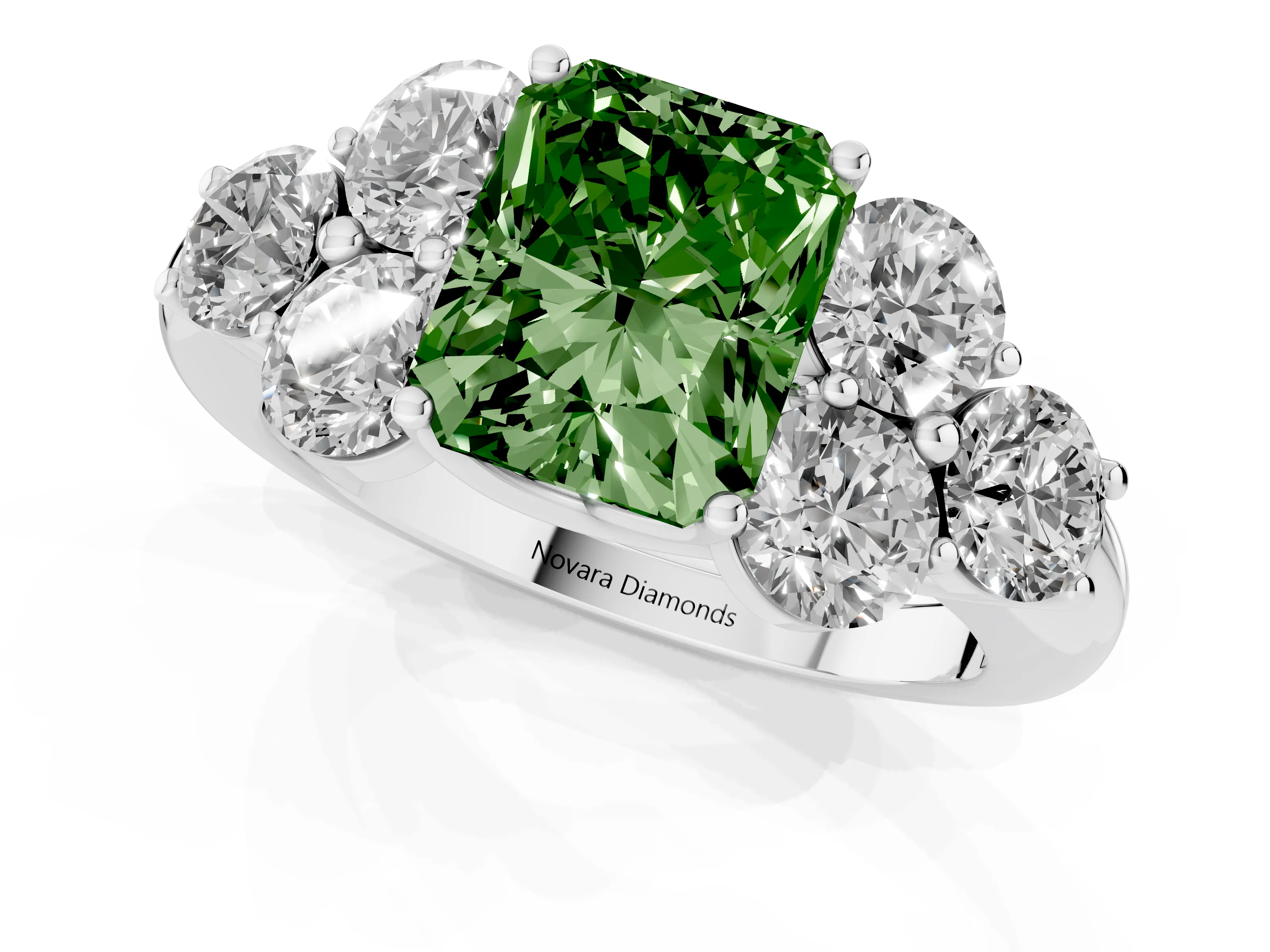 Fancy Green Radiant Cut Diamond Cluster Ring Set in Platinum with Round Accent Stones and Prong Setting on a Plain Band