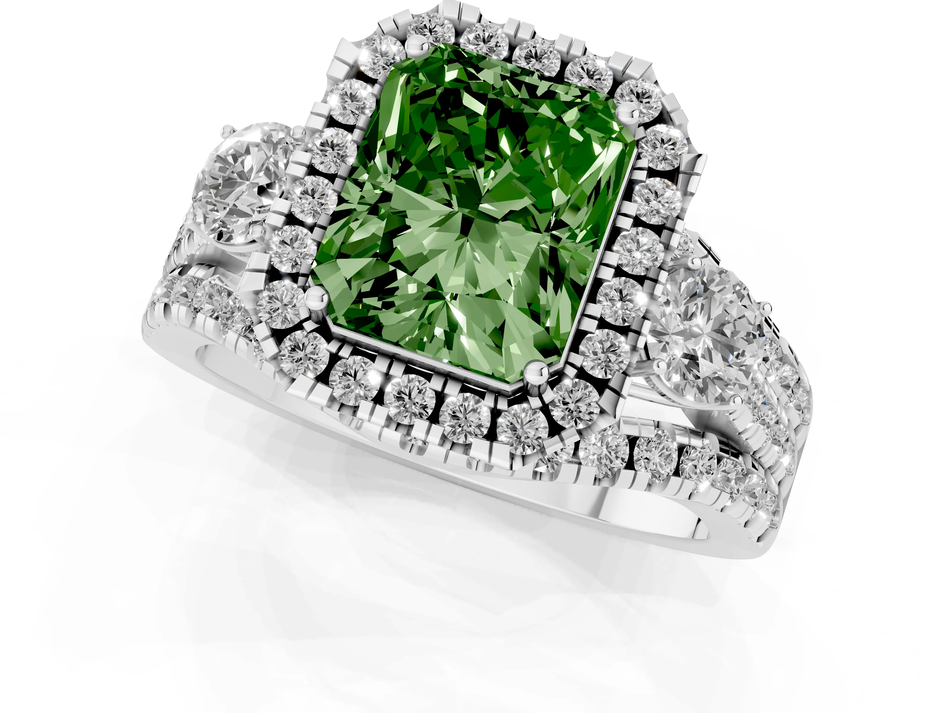 Fancy Green Radiant Cut Diamond Halo Split Shank Ring Set in White gold with Round Accent Stones and Prong Setting