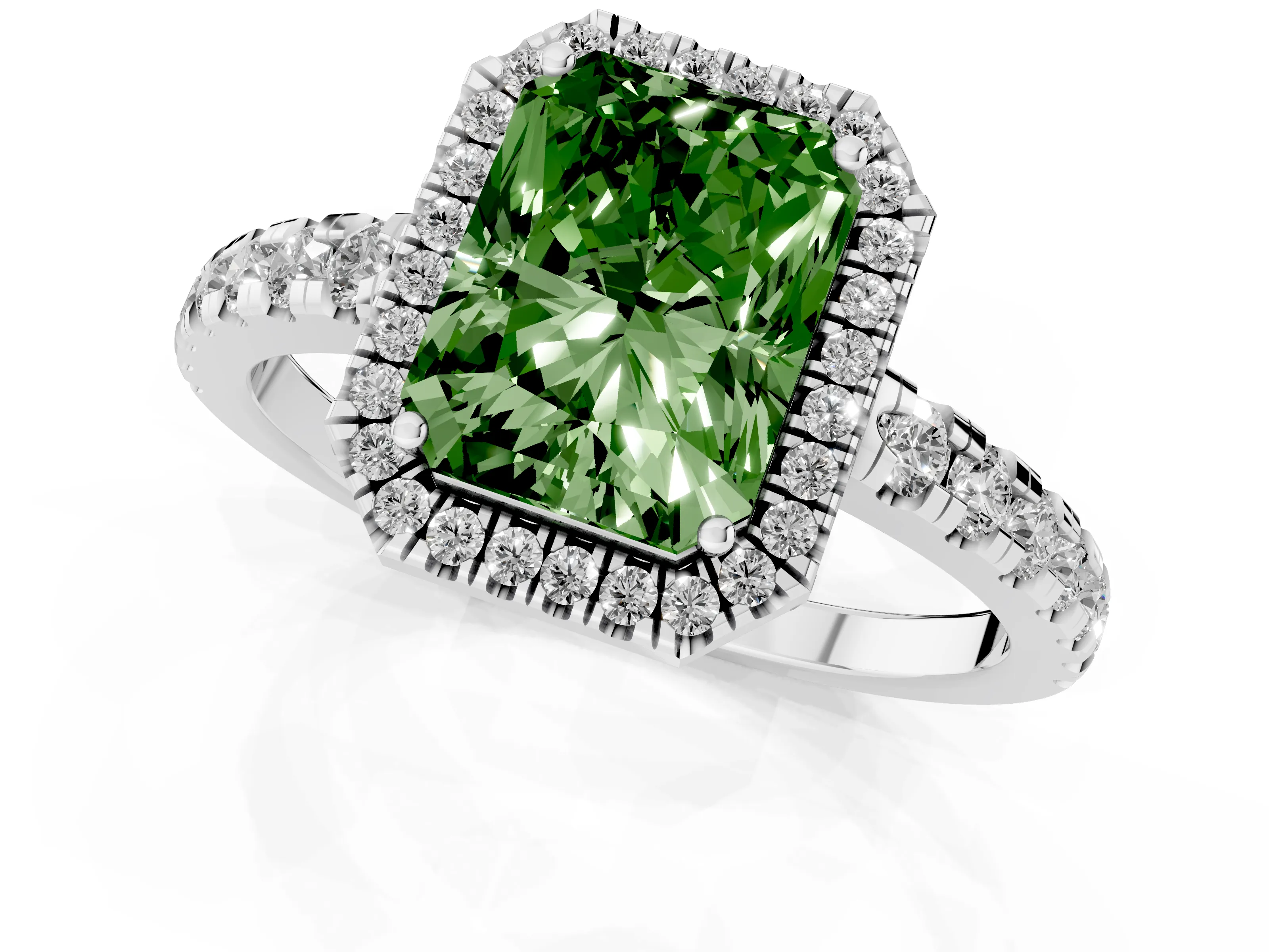 Fancy Green Radiant Cut Diamond Halo Ring Set in White gold with Delicate Pavé Band and Prong Setting