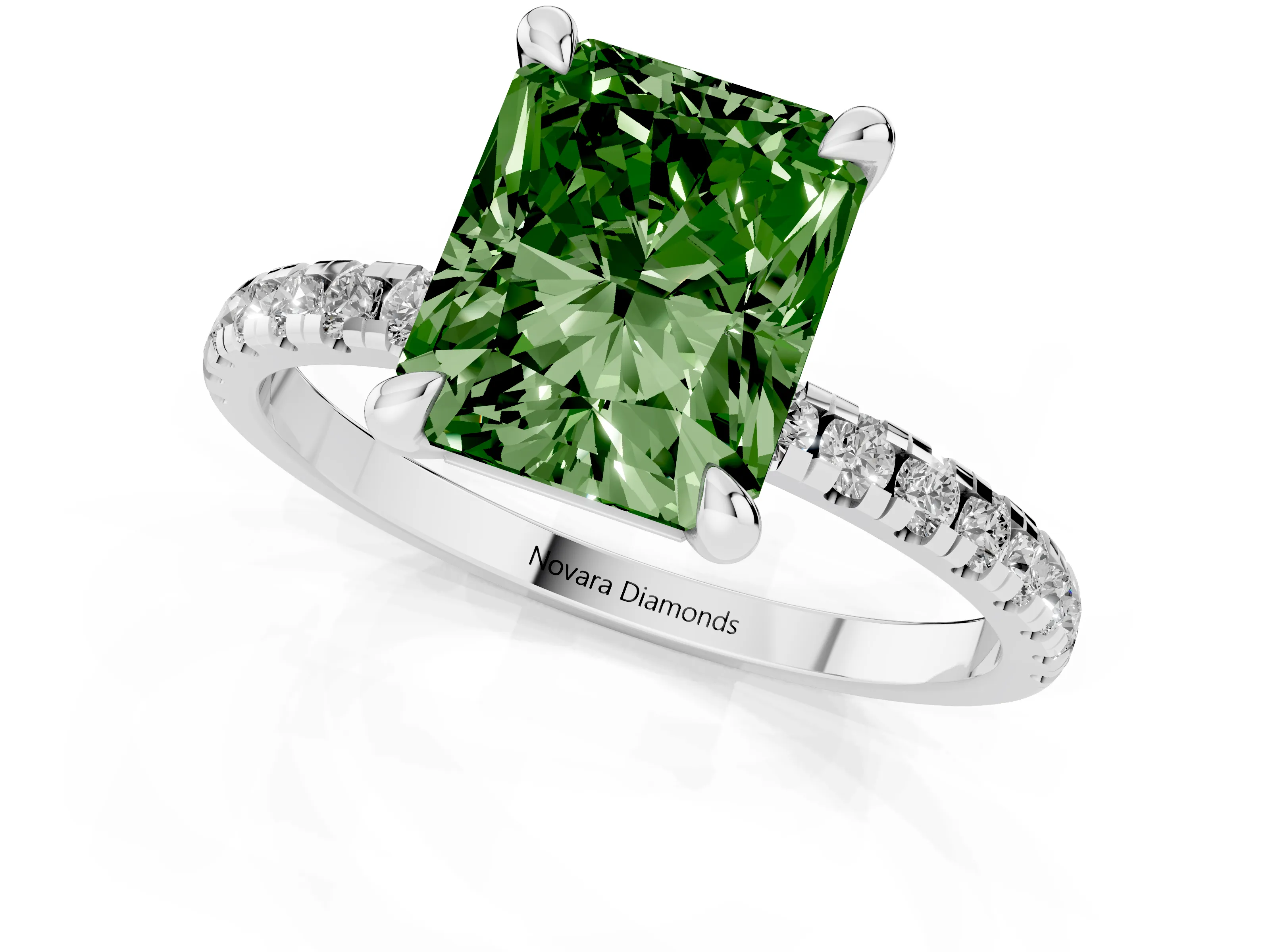 Fancy Green Radiant Cut Diamond Brilliant Solitaire Ring Set in Platinum with Pavé Band and Prong Setting